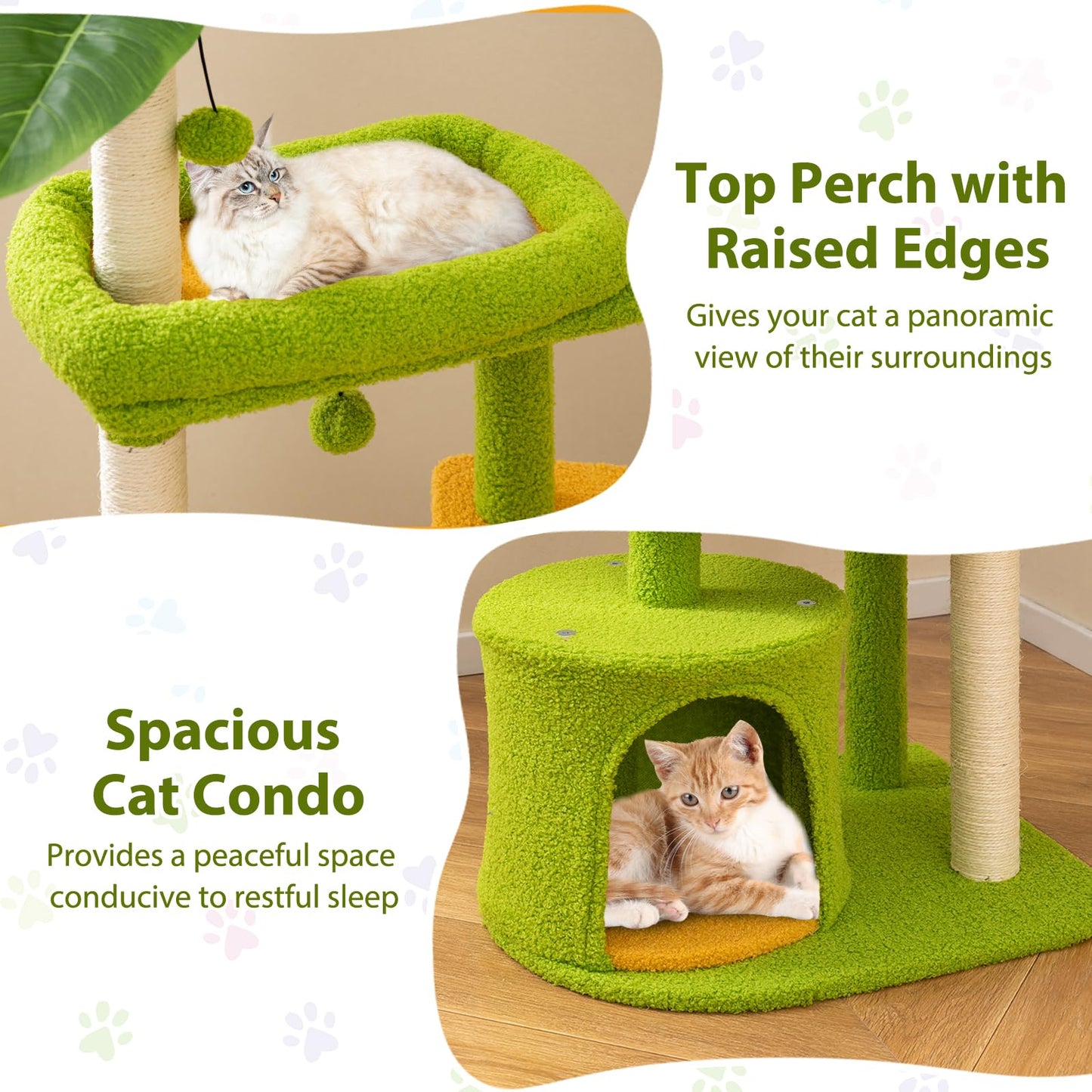 Cute Cat Tree for Adult Cats Multi-level Kitty Tower with Artificial Leaves