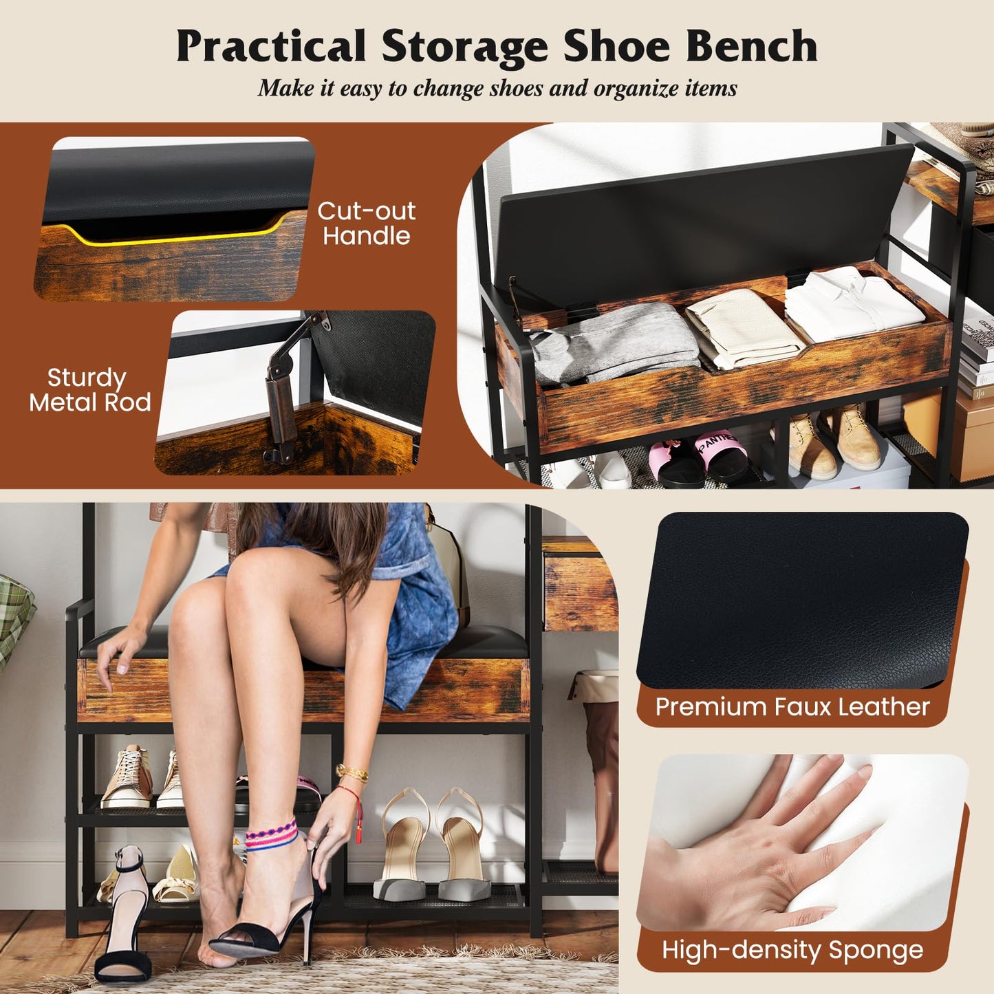 Freestanding Coat Rack with Shoe Rack and Storage Shelf
