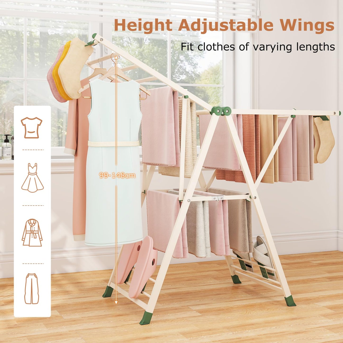 2-Level Foldable Clothes Drying Rack with Height-Adjustable Wings