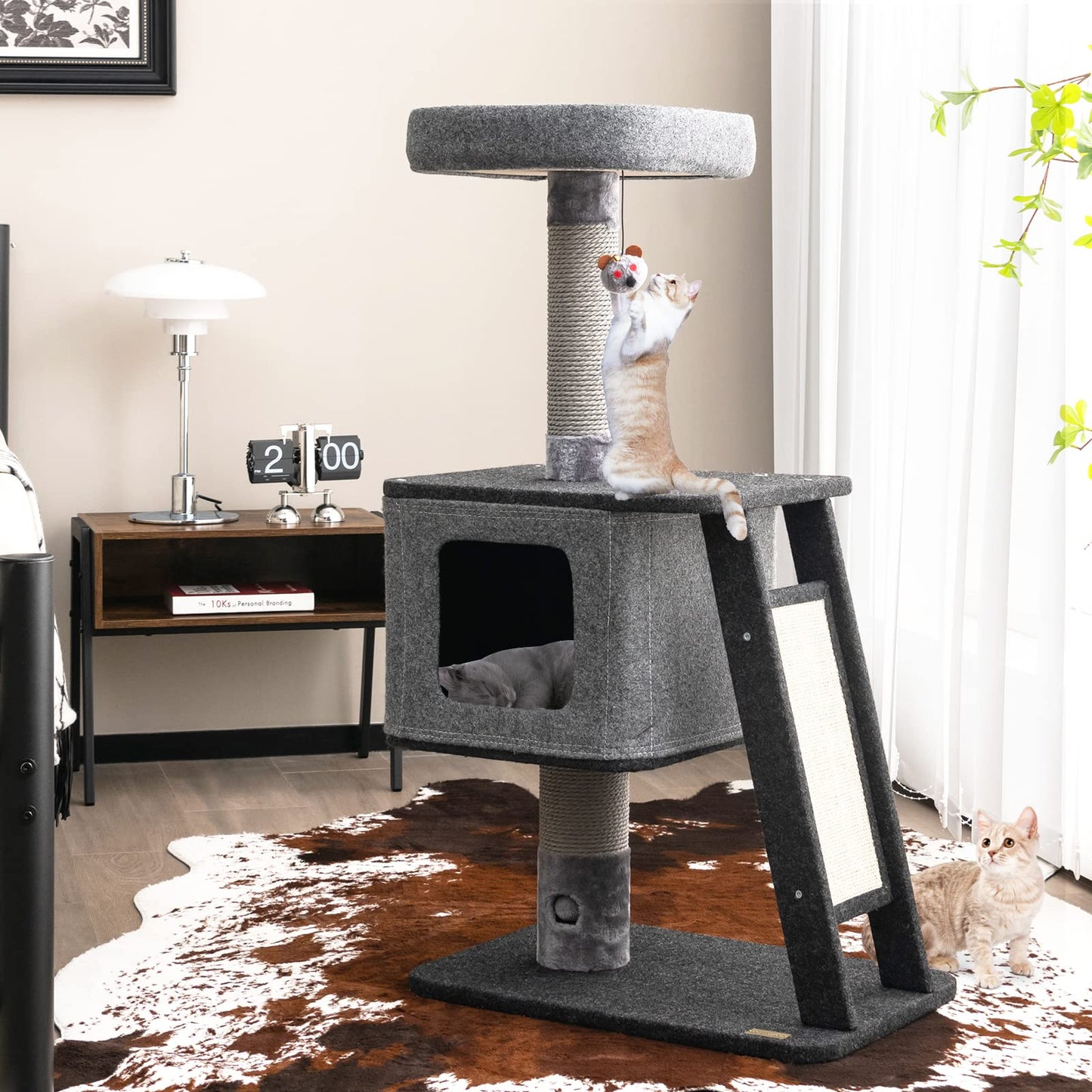 Cat Tree Tower with Scratching Ramp Posts and Top Plush Perch