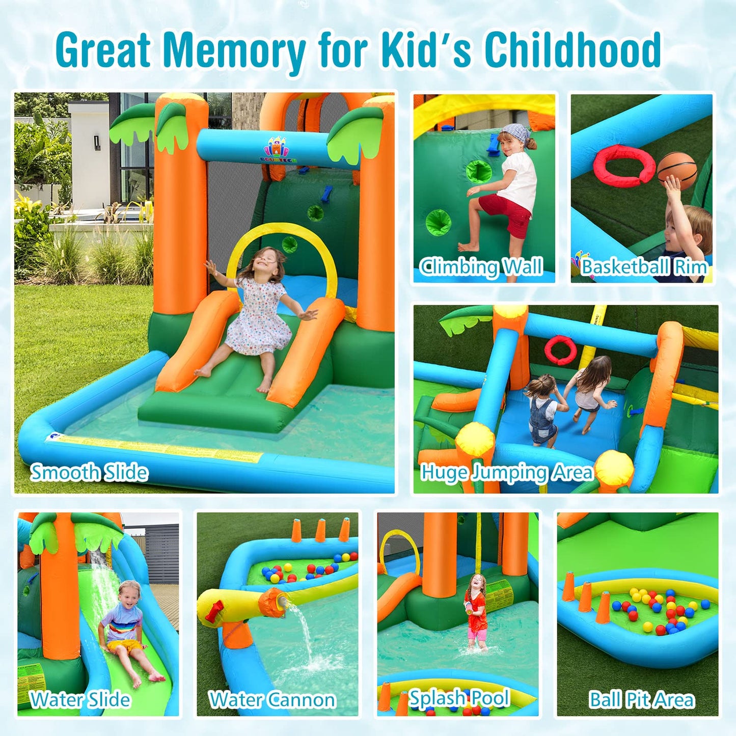 Kids Bouncy Castle with Dual Slides and Splash Pool for Outdoor Indoor Play