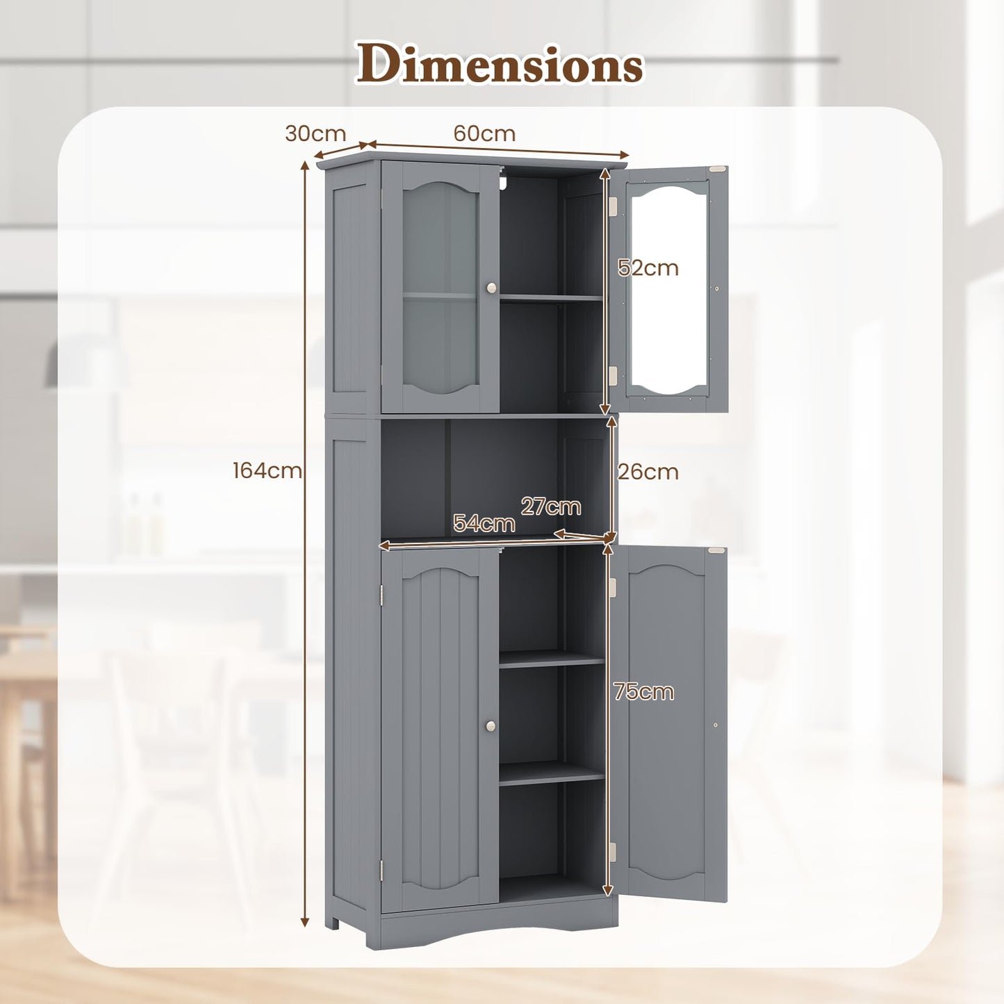 Tempered Glass Door Pantry Cabinet with 3-Position Adjustable Shelves