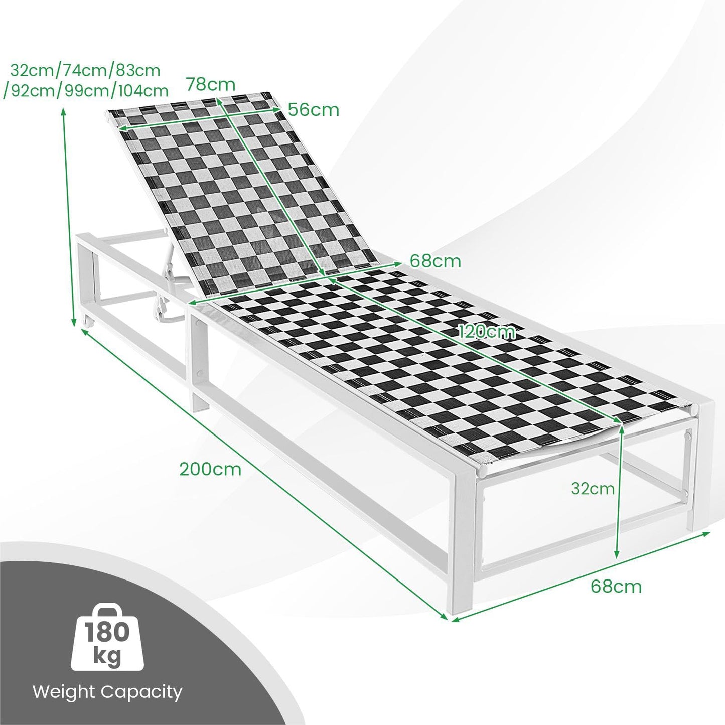 6-Level Adjustable Patio Chaise Lounge Chair Deck Sunbed with Rolling Wheels