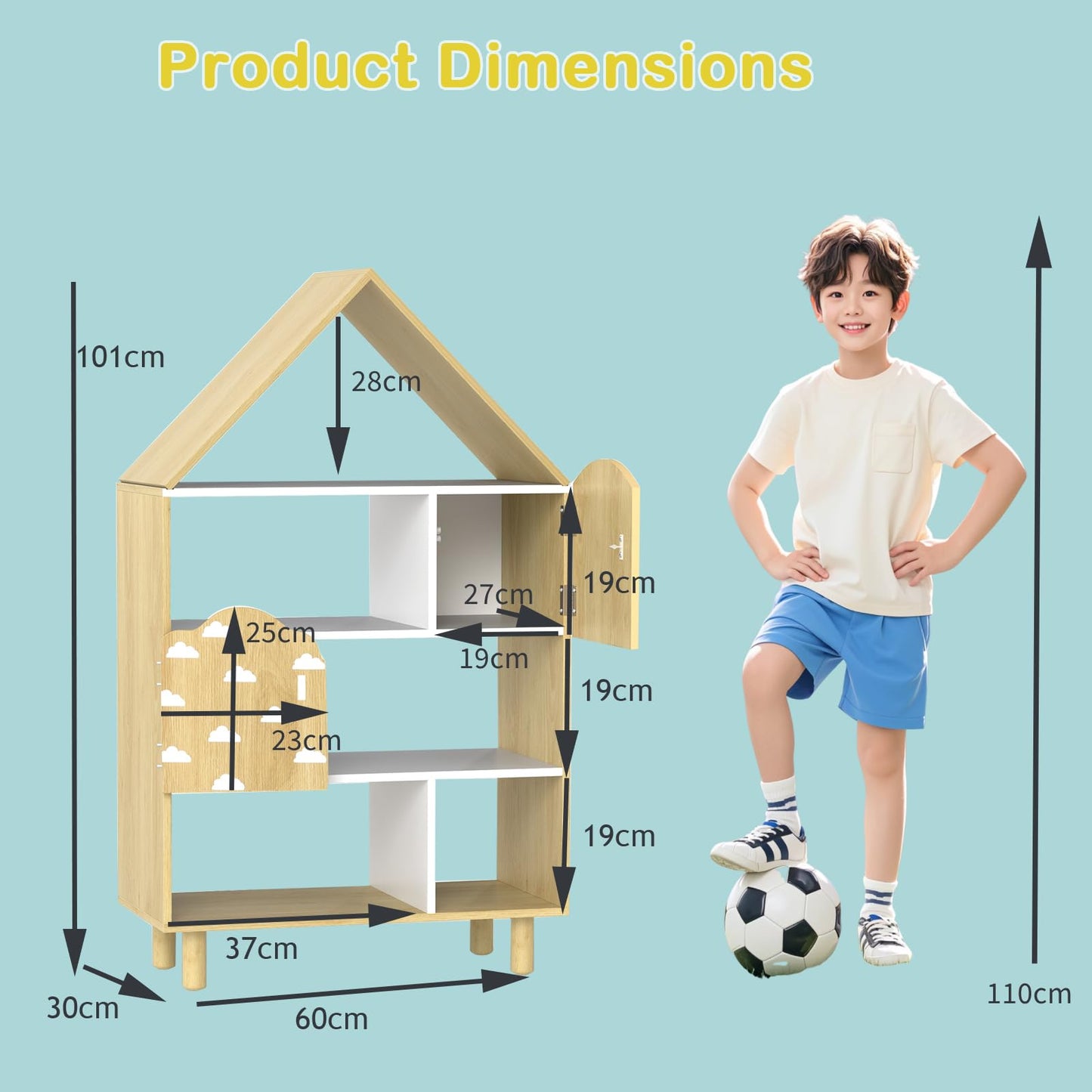 Kids Dollhouse Bookshelf with 2 Doors for Playroom Bedroom