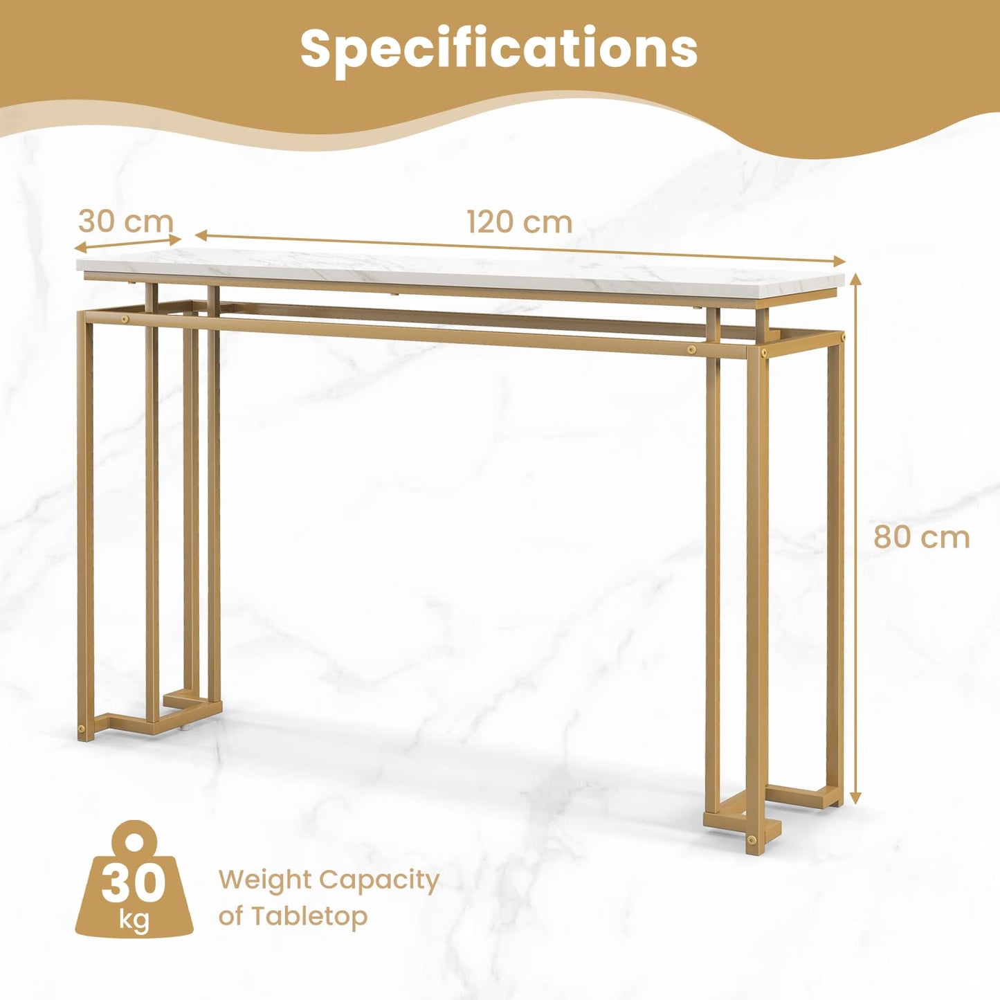 120cm Long Faux Marble Slim Entryway Table Sofa Side Table