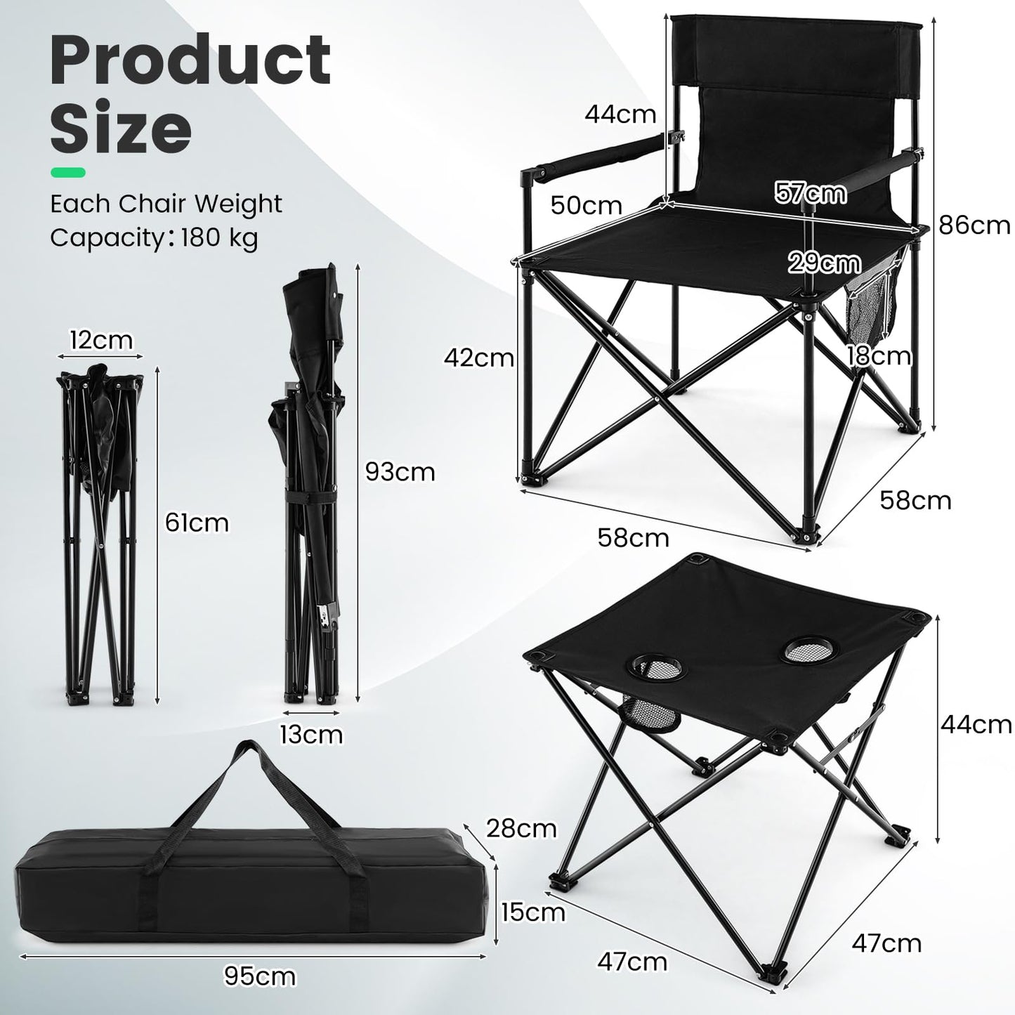 3 Piece Foldable Camping Chairs and Table Set