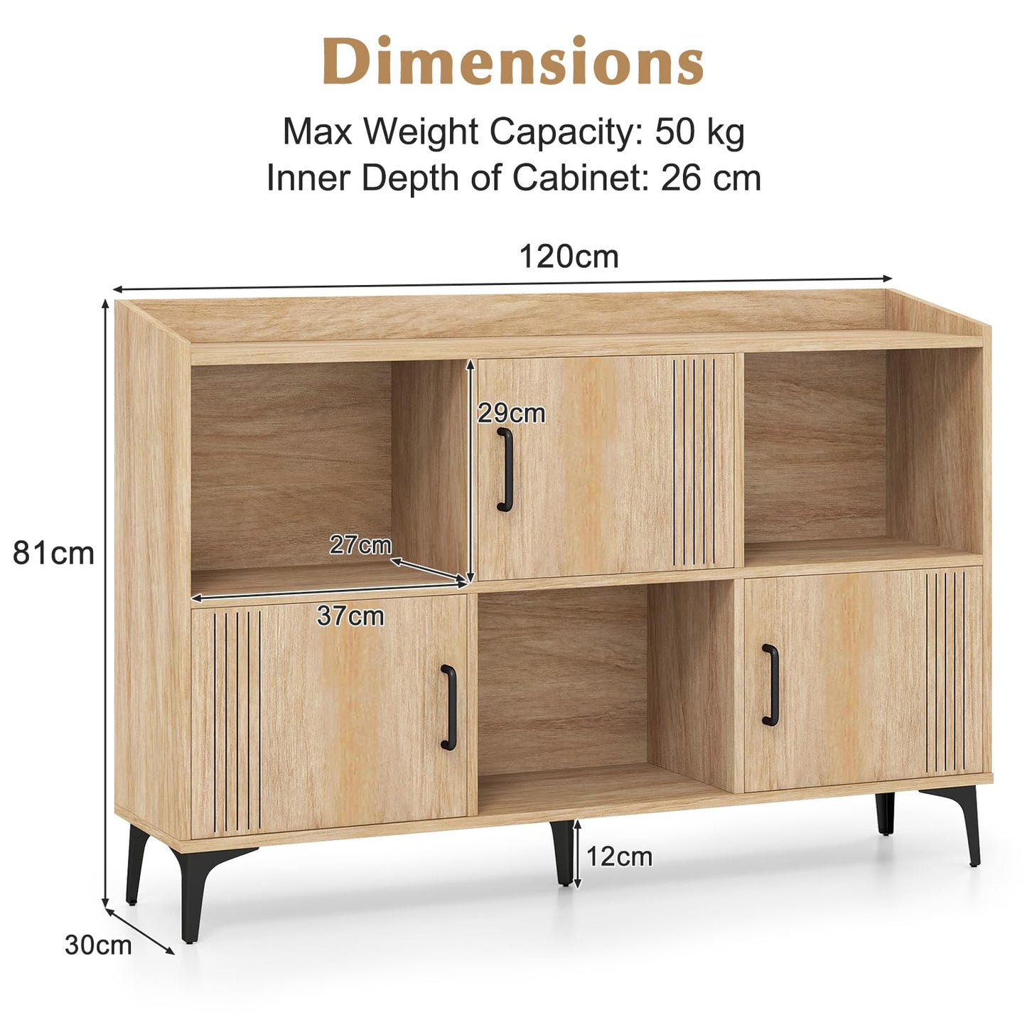 Sideboard Storage Cabinet Bookcase with 3 Doors and Open Compartments
