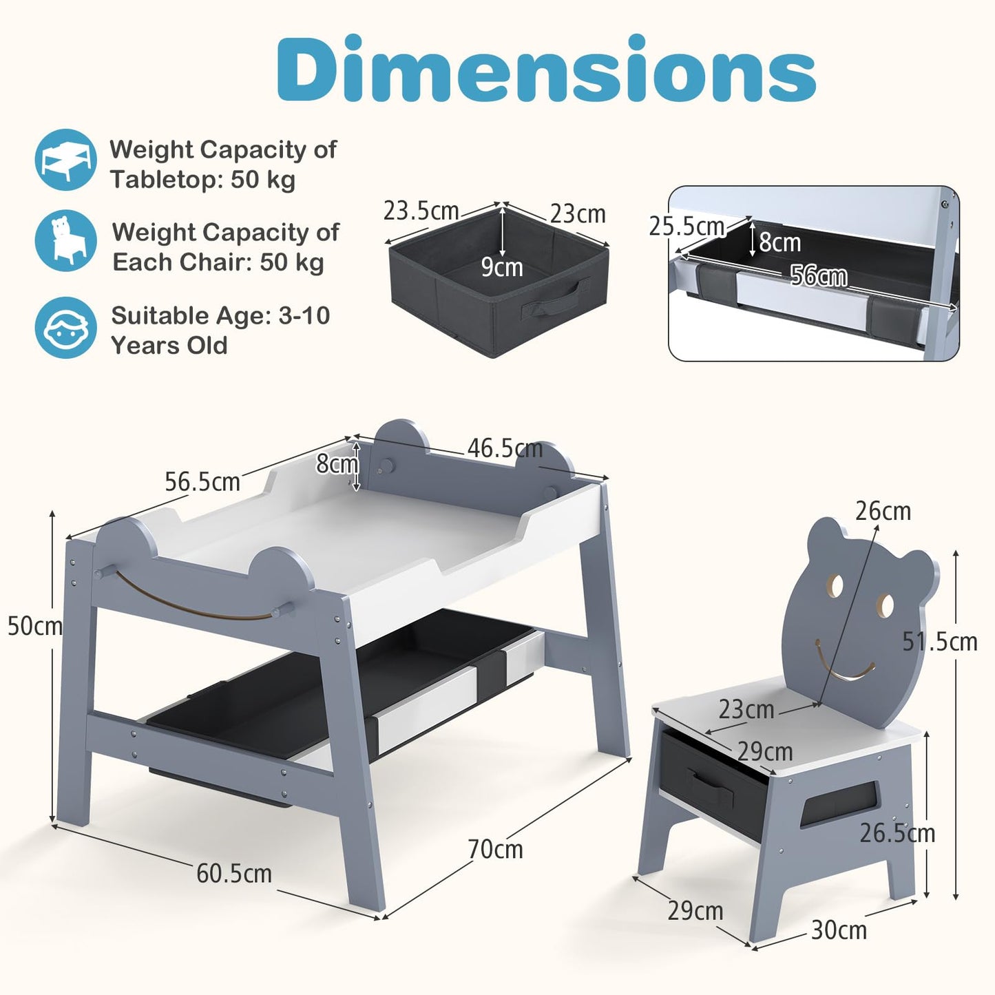 Kids Table and Chairs, Multifunctional Activity Desk with Chalkboard & Whiteboard