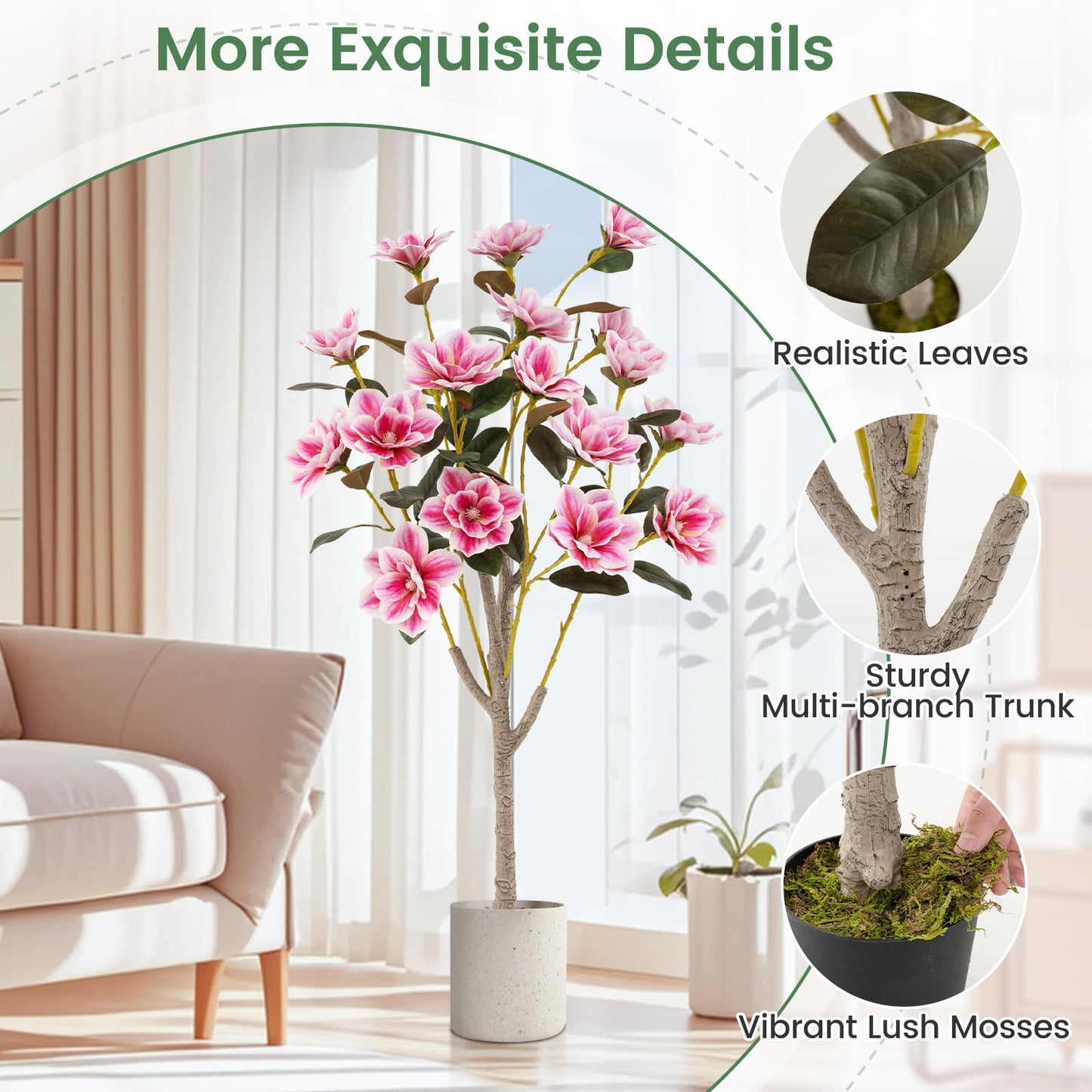 130CM Artificial Magnolia Tree Faux Wedding Flower Plant with Realistic Moss