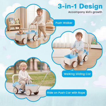 3-in-1 Kids Ride On Push Car with Foldable Push Handle and Storage Basket