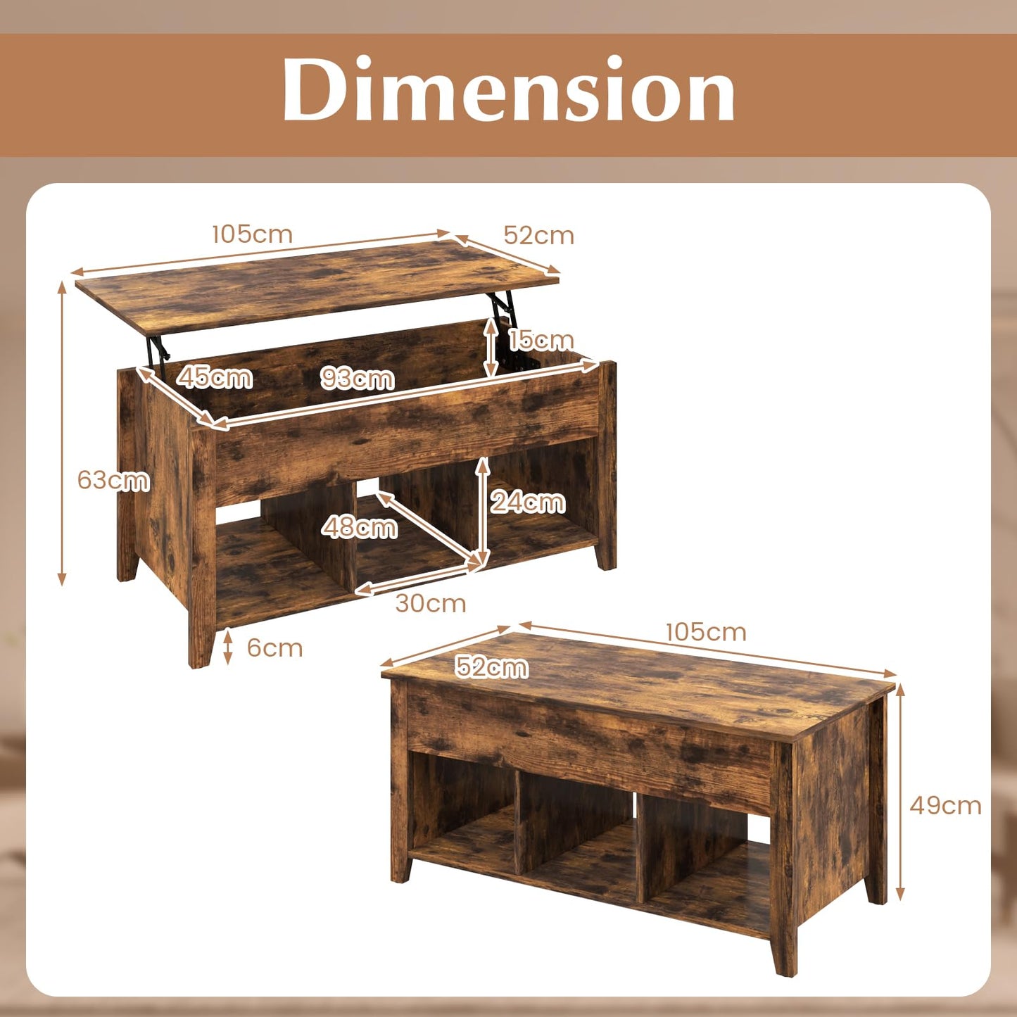 Rising Center Table with Lift Top Hidden Compartment