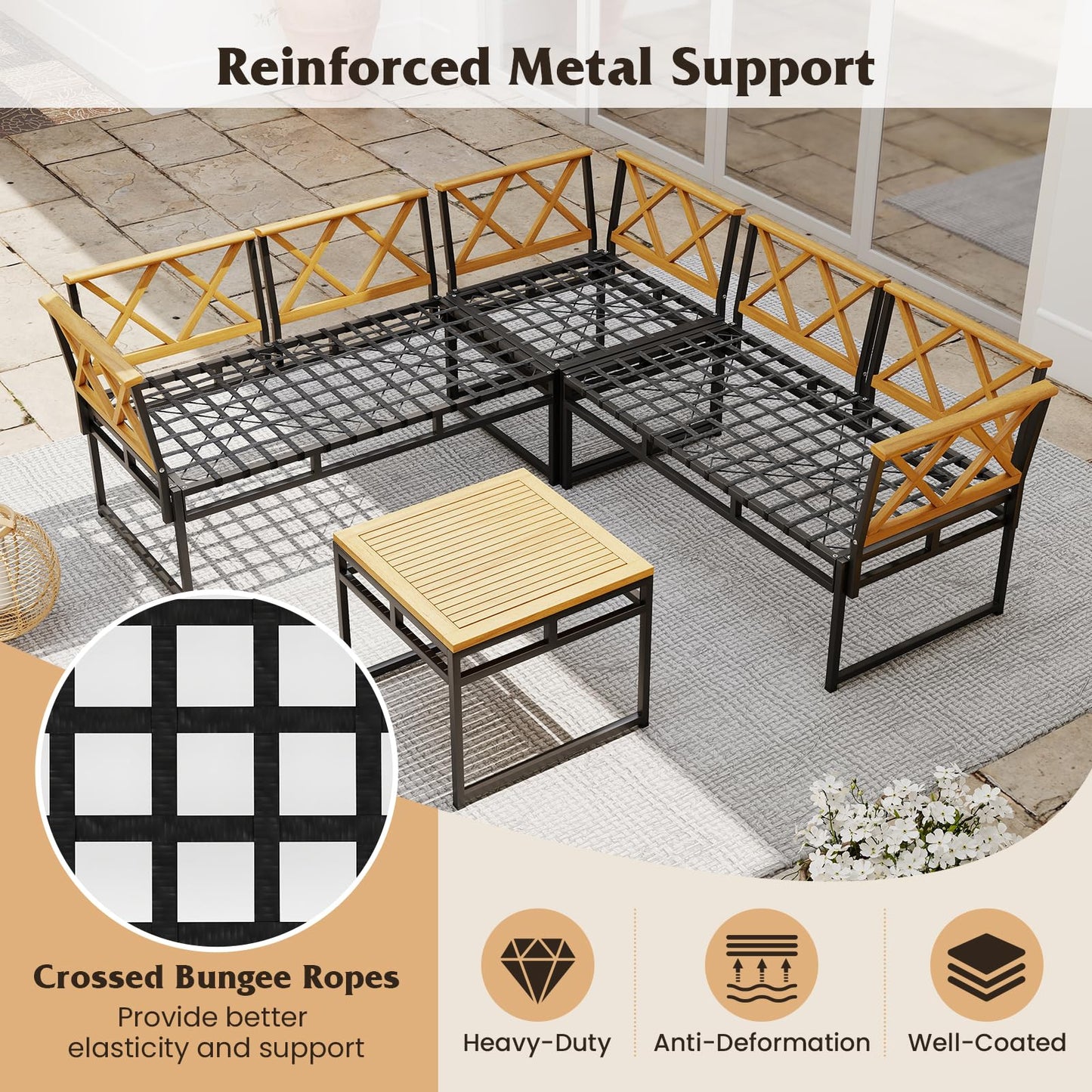 4 Piece Patio L-Shaped Sofa Set Acacia Wood Metal Sectional Sofa Set