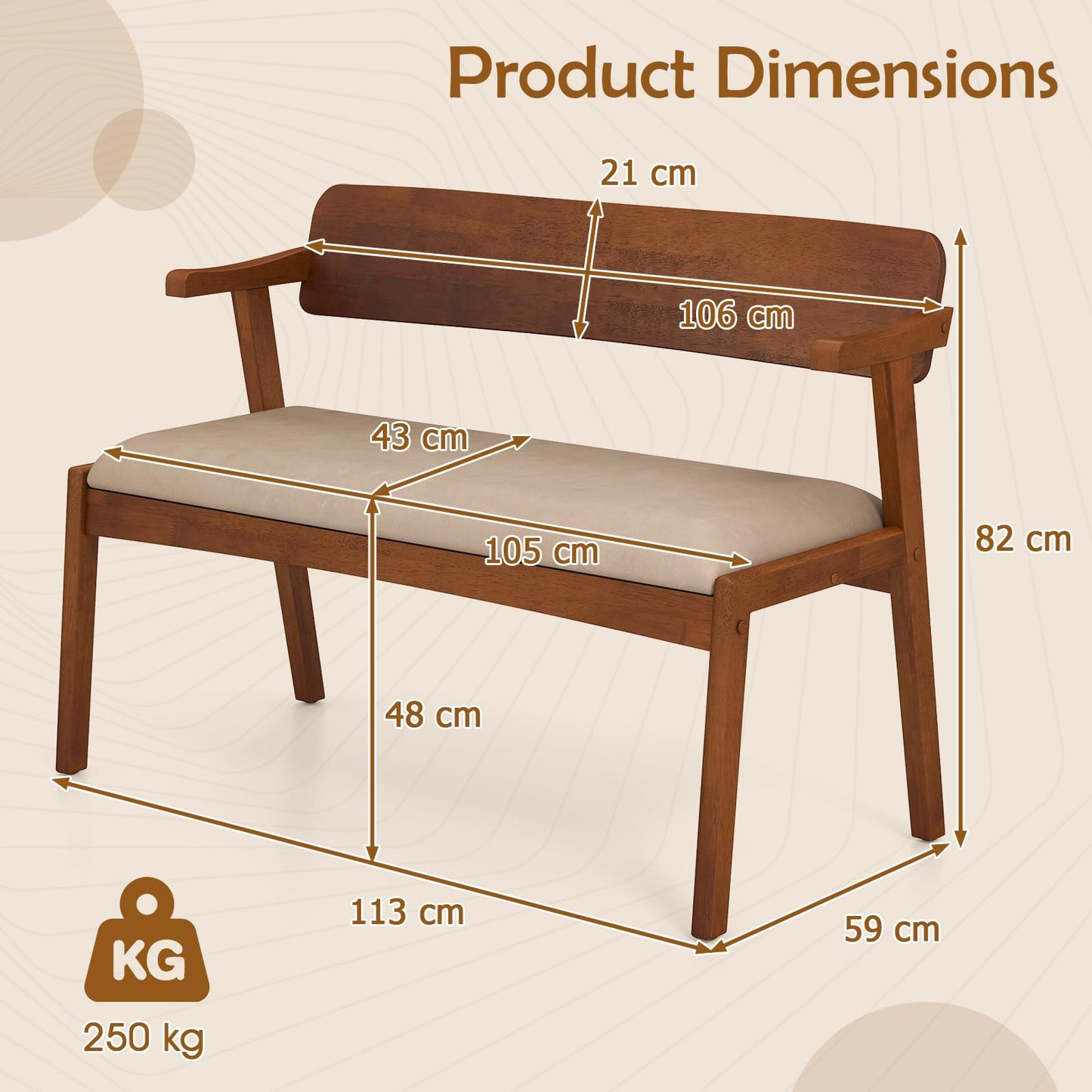 2 Seat Rubber Wood Bench with Padded Seat and Ergonomic Backrest