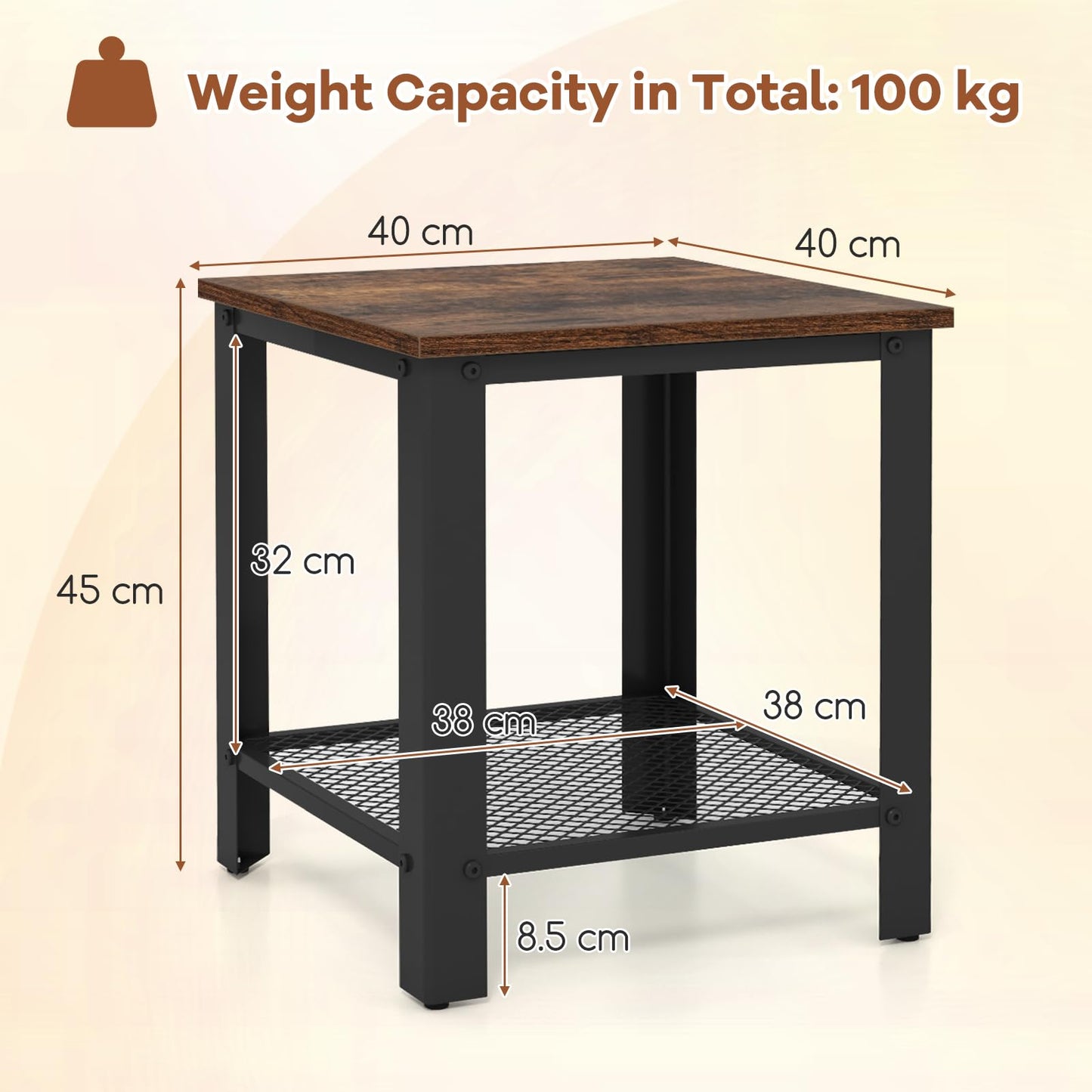 2 Tier End Table Square Sofa Side Table with Mesh Shelf