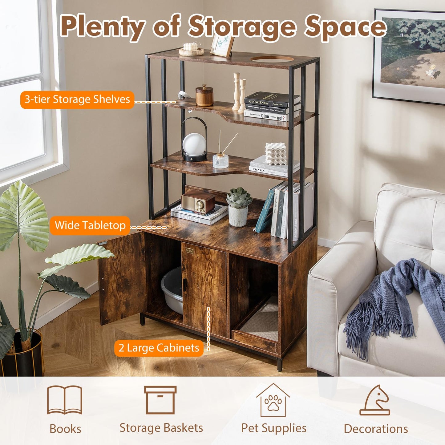Cat Litter Box Enclosure with 3-tier Storage Shelves