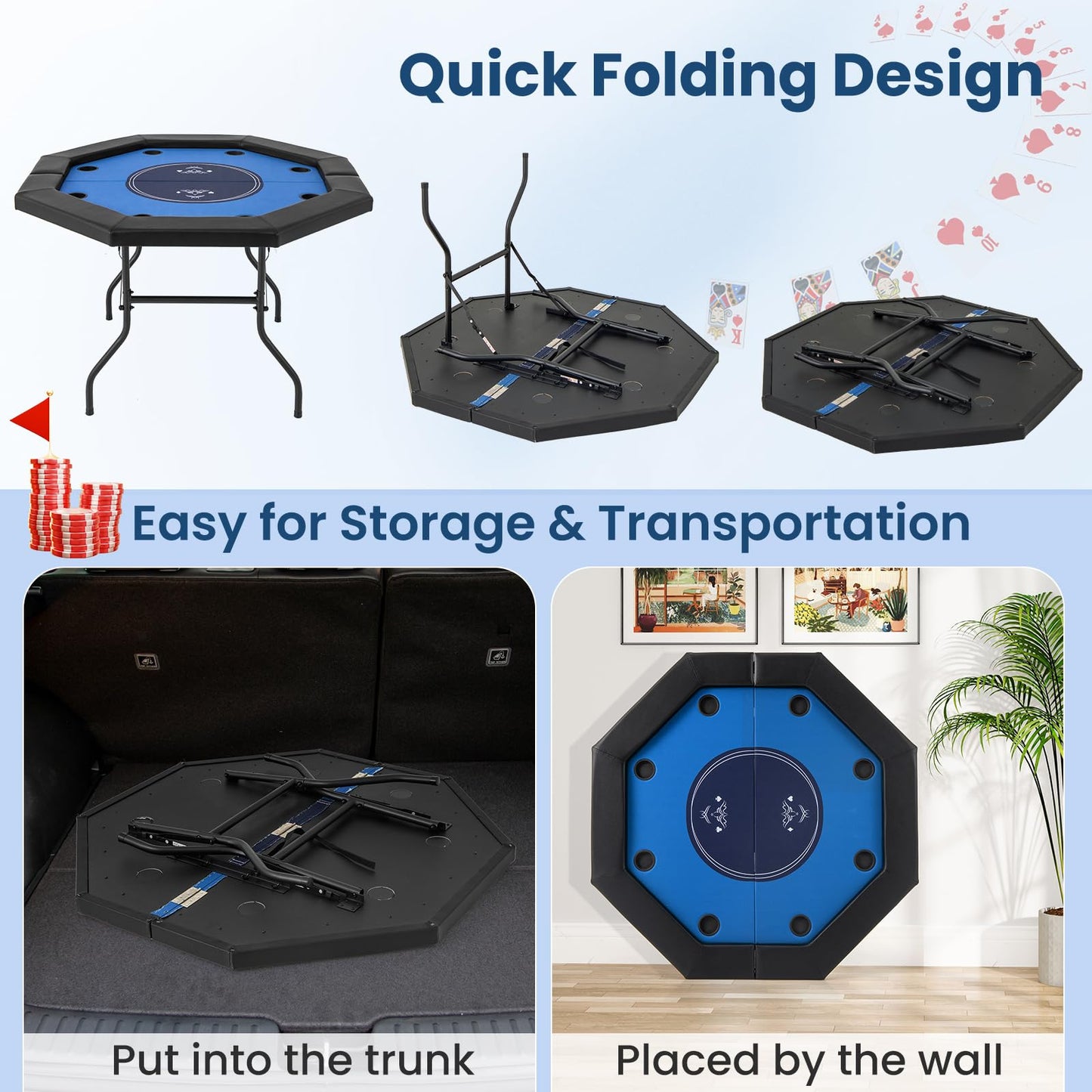 8 Player Foldable Poker Table with 8 Cup Holders