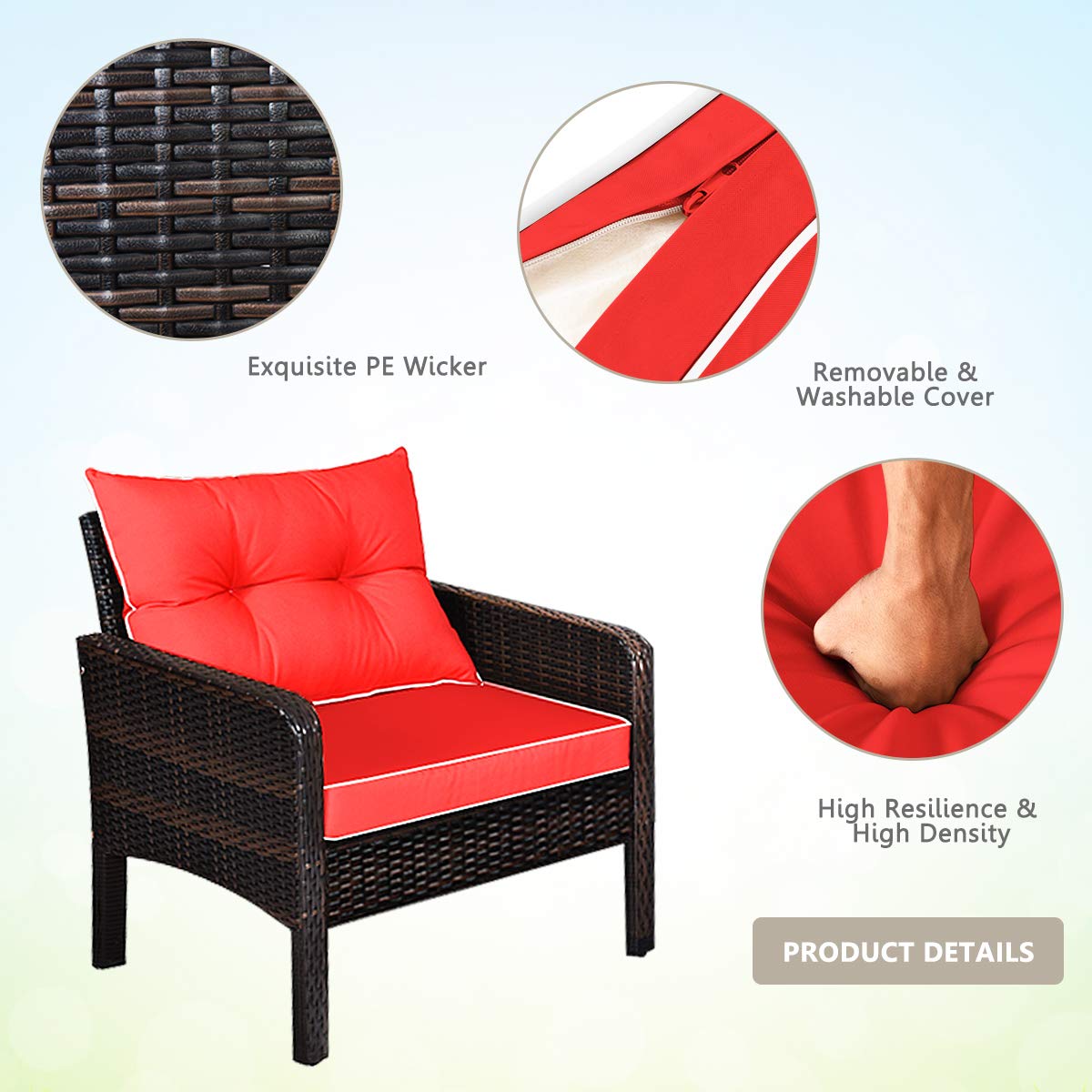 4-Piece Garden Rattan Conversation Furniture Set with Tempered Glass Table