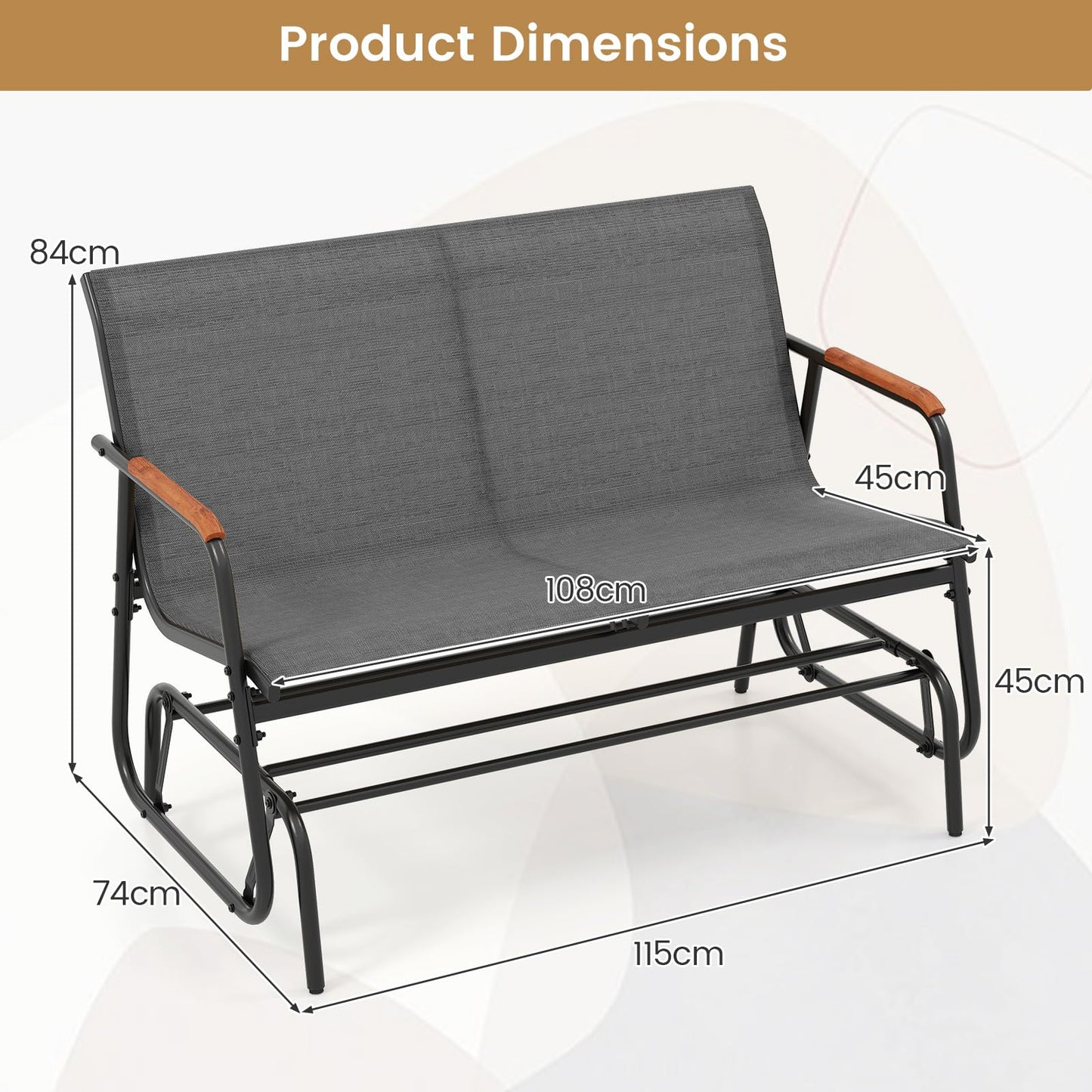2-Person Outdoor Metal Frame Fabric Glider Bench