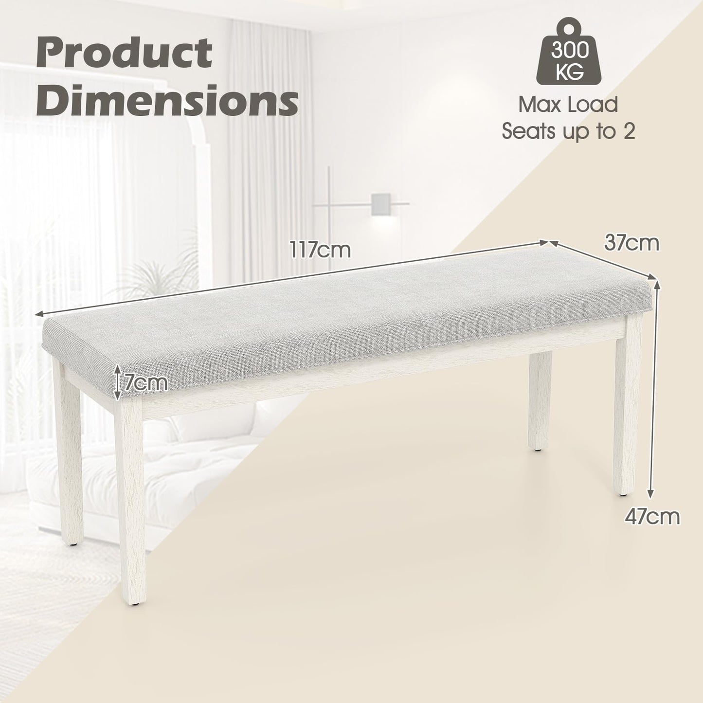 Upholstered Dining Bench Shoe Bench with Rubber Wood Legs and 300 KG Max Load