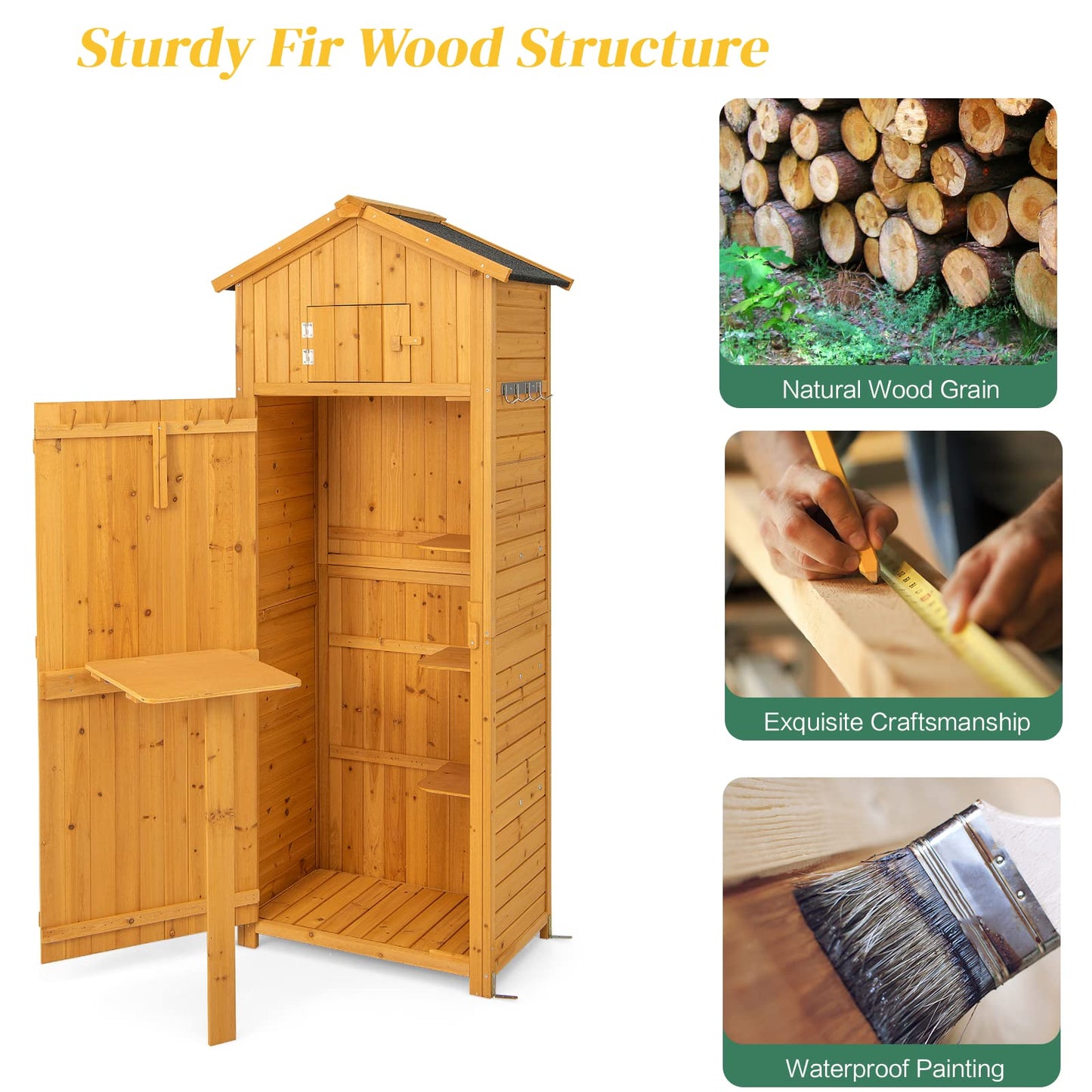 GiantexUK Garden Shed Fir Wood Tool Storage Cabinet with Slope Roof