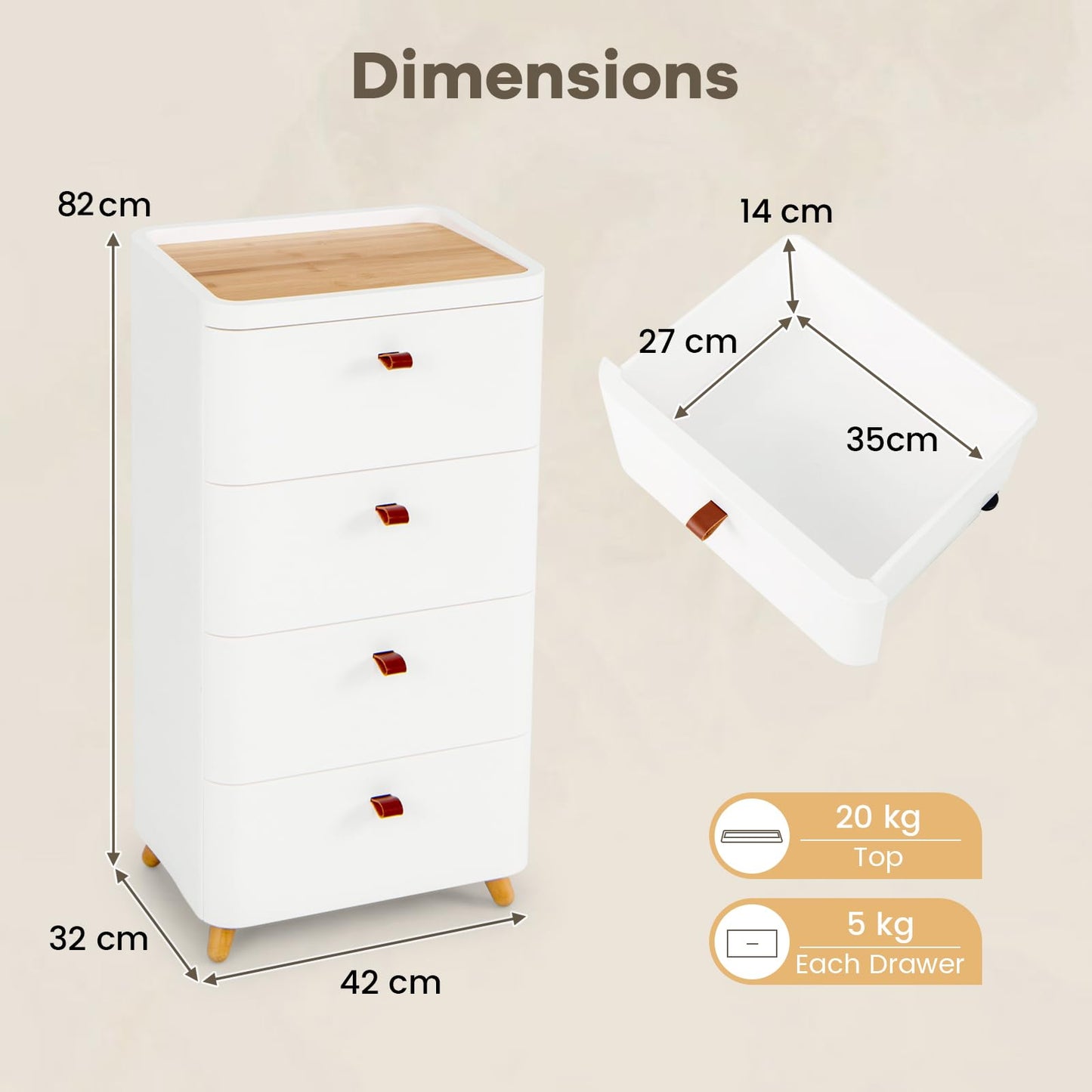 4-Drawer Dresser with Removable Organizer Tray and Solid Wood Legs