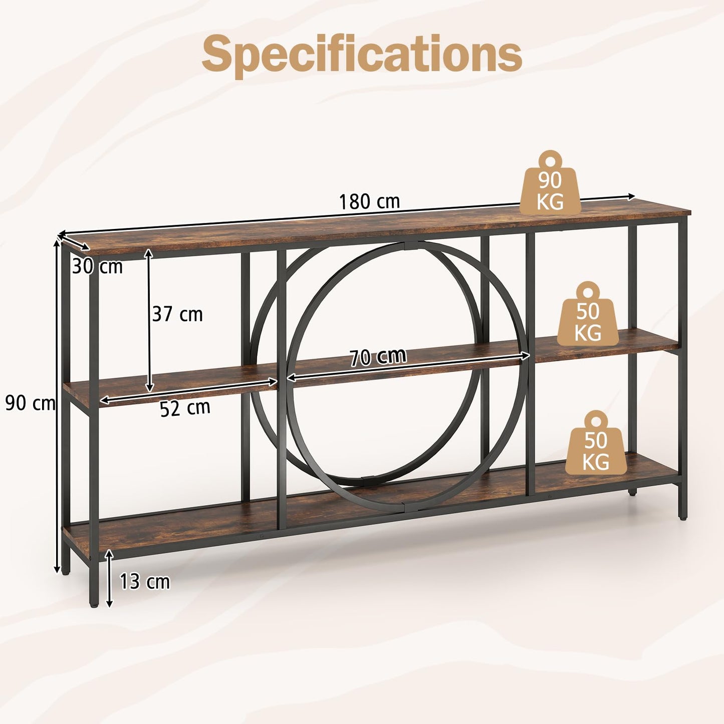 3 Tier Console Table with Faux Wood Grain Top
