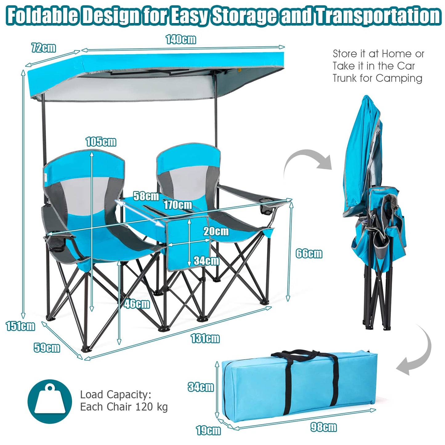 Outdoor Portable Double Folding Camping Chair with Canopy