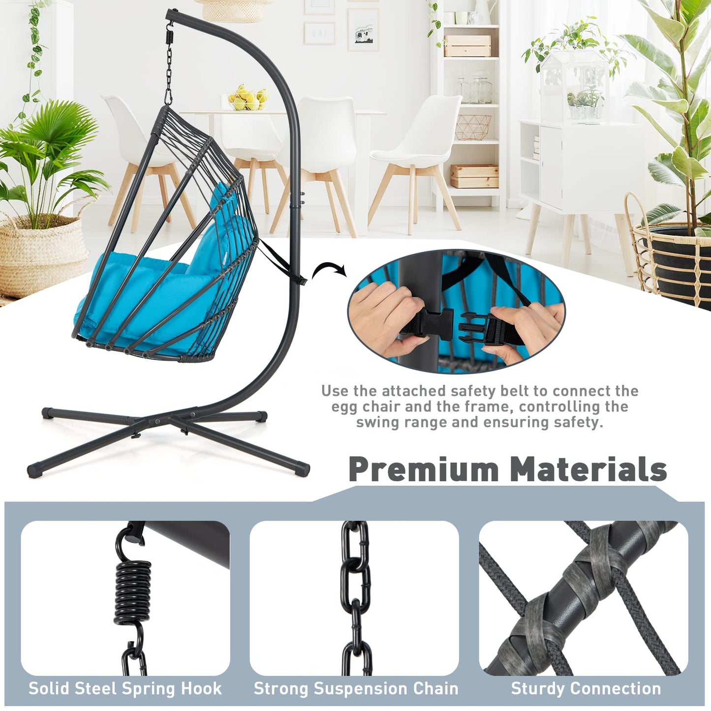 Foldable Rattan Swing Egg Chair with Stand & Soft Cushion