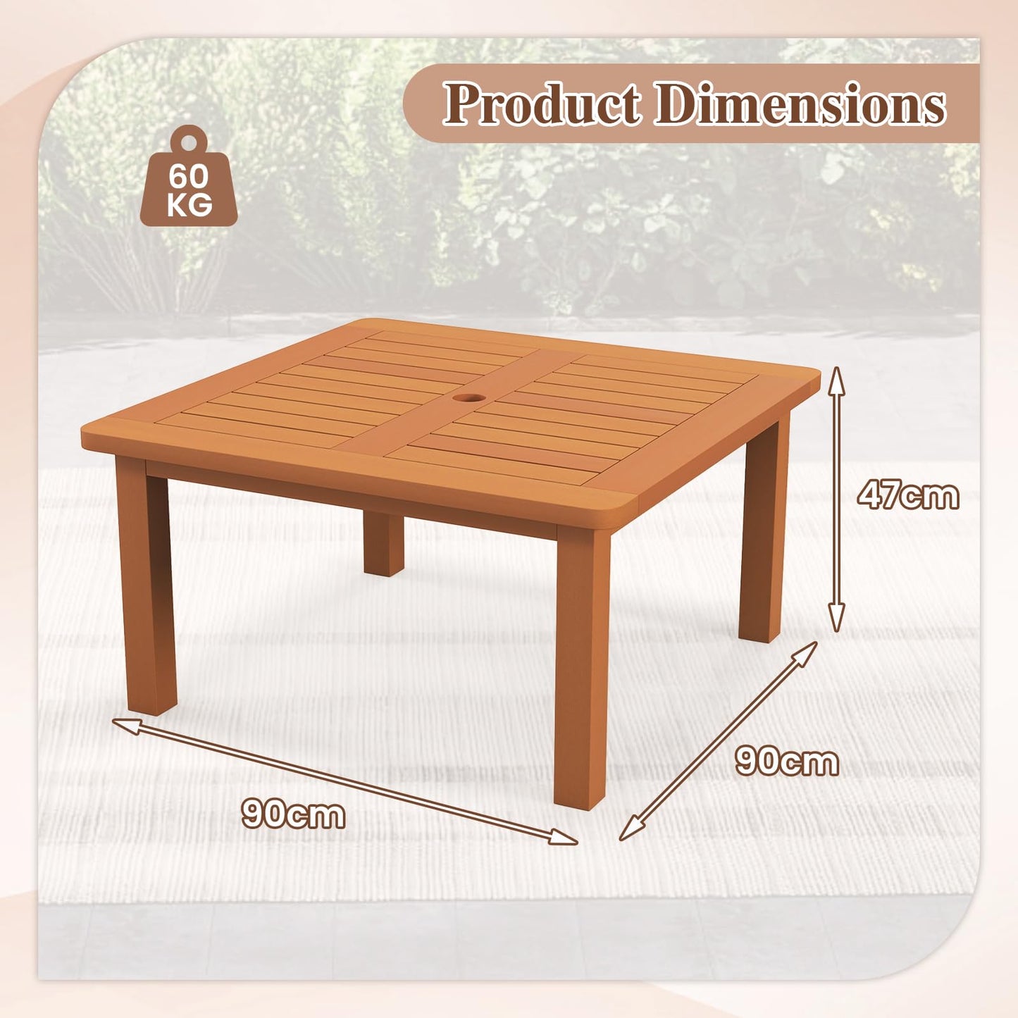 Patio Coffee Table with Umbrella Hole Outdoor Solid Wood End Table