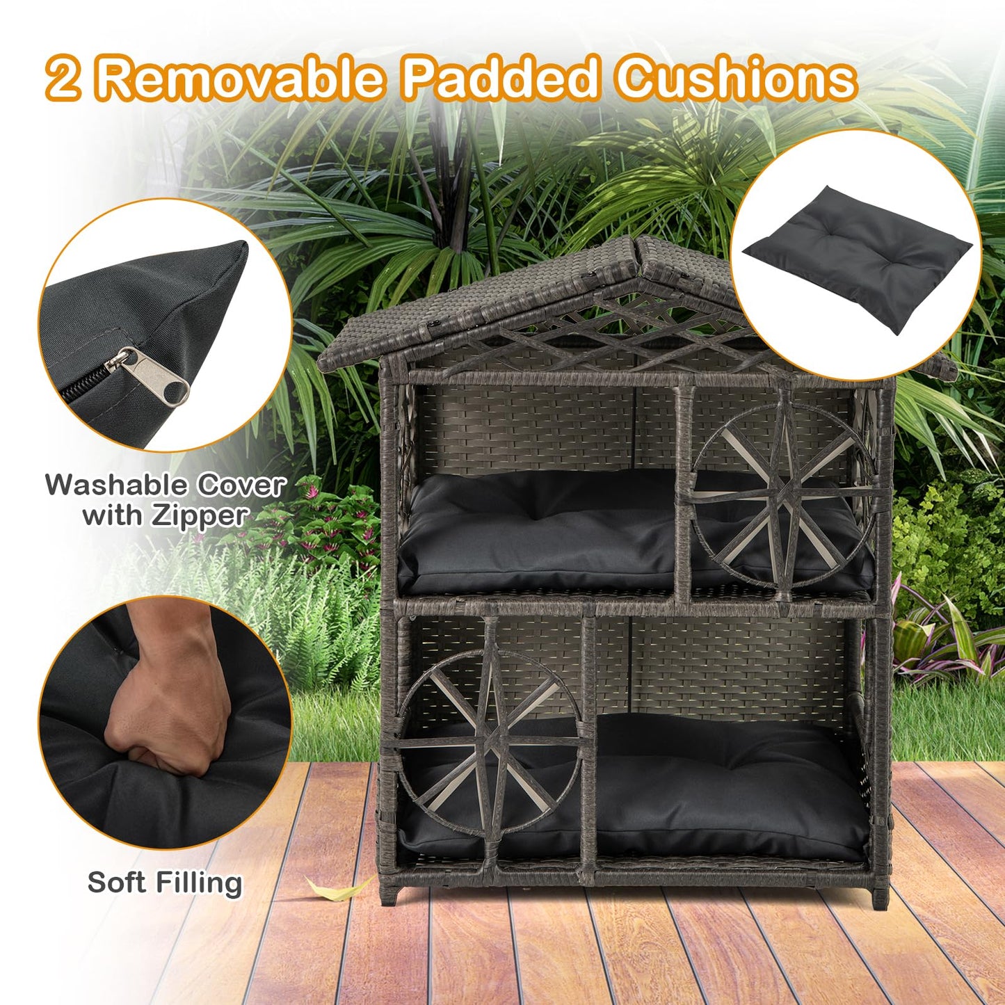 2-storey Wicker Cat House with Removable Cushions