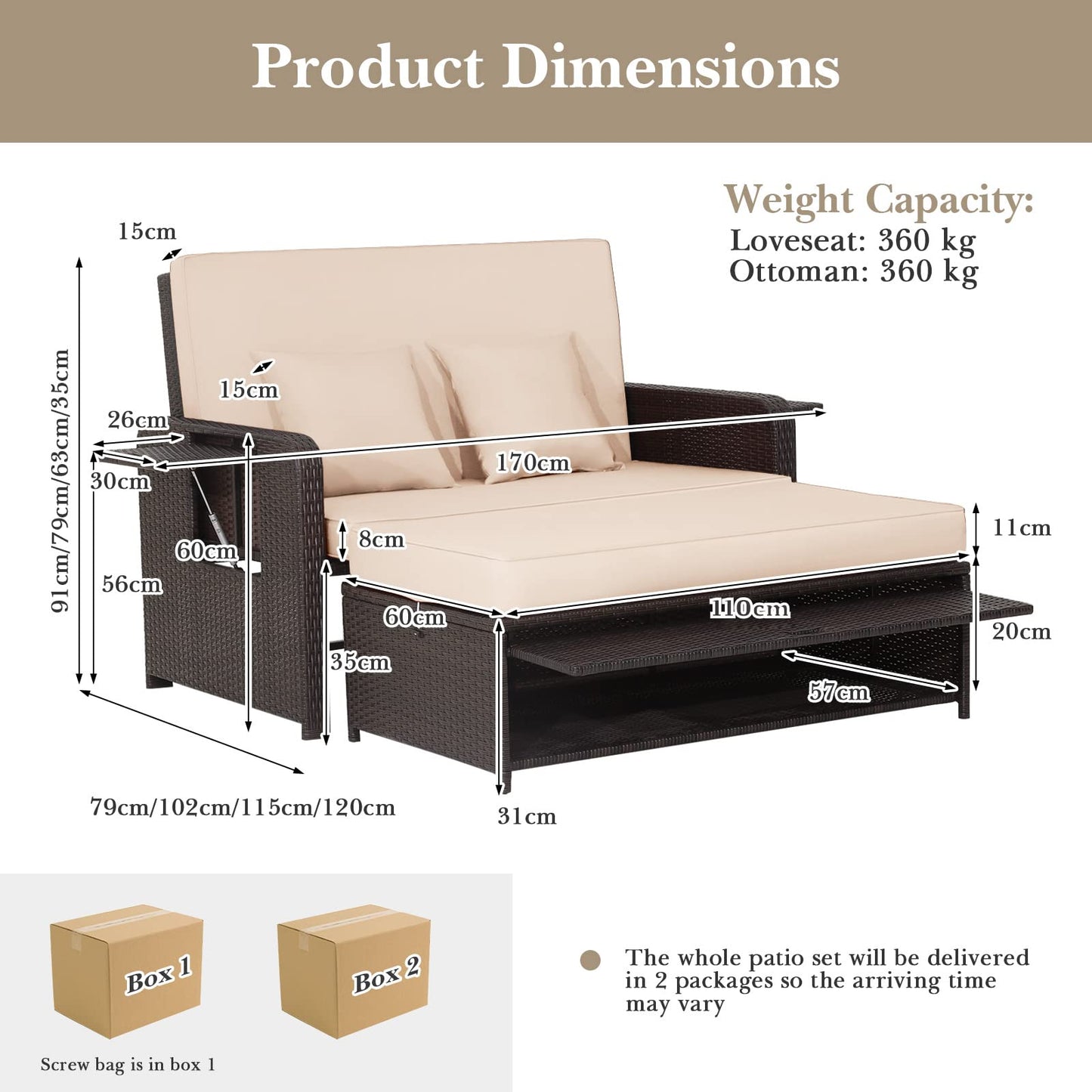4-Level Adjustable Patio Wicker Loveseat Sofa Bed Sun Lounger with Storage Ottoman