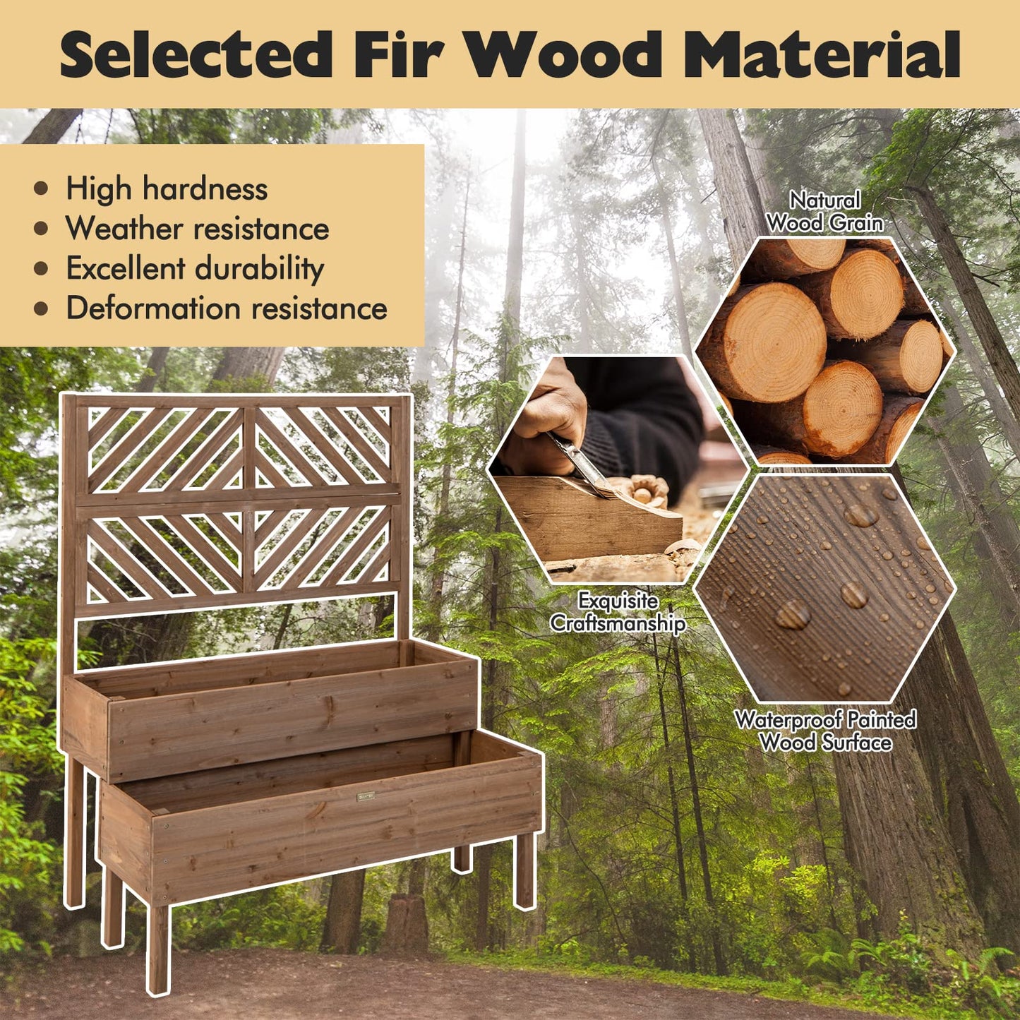 2-Tier Wooden Raised Garden Bed with Trellis and Drainage Holes