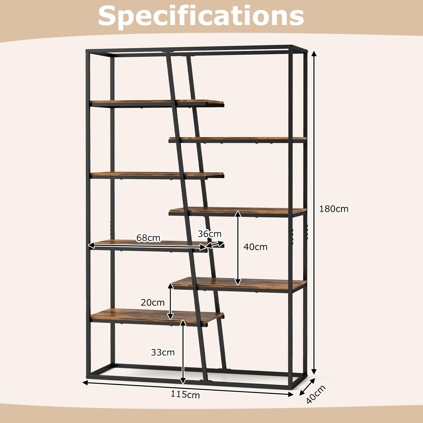 7 Tier Industrial Etagere Bookcase with Heavy duty Metal Frame