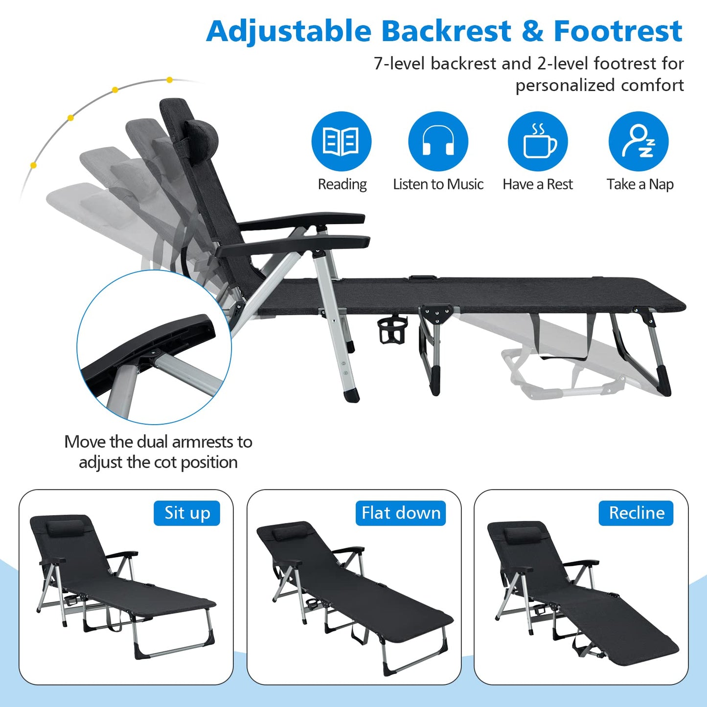 Folding Outdoor Chaise Lounger with Detachable Pillow and Cup Holder