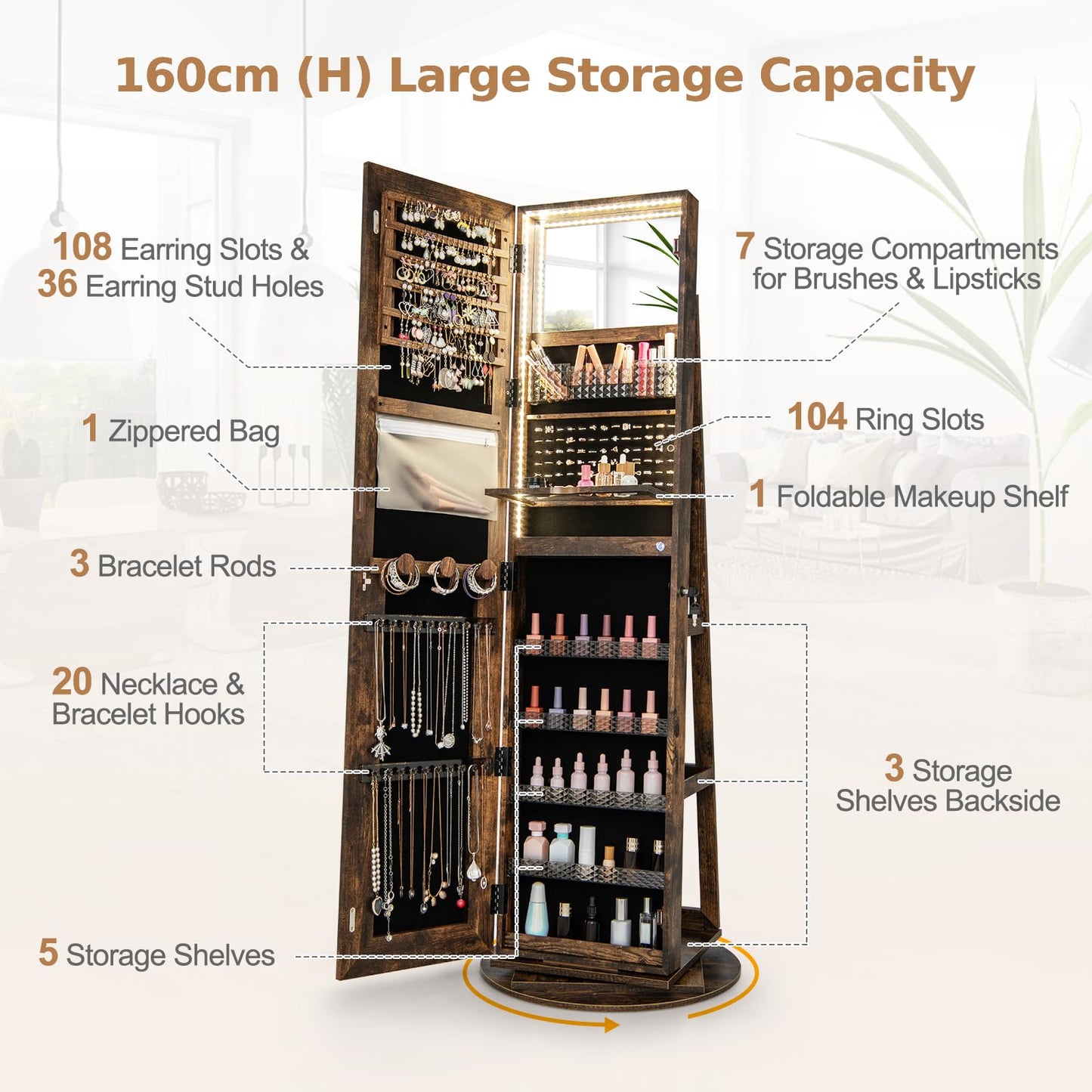 360° Swivel Jewelry Cabinet with LED Lights, Foldable Shelf