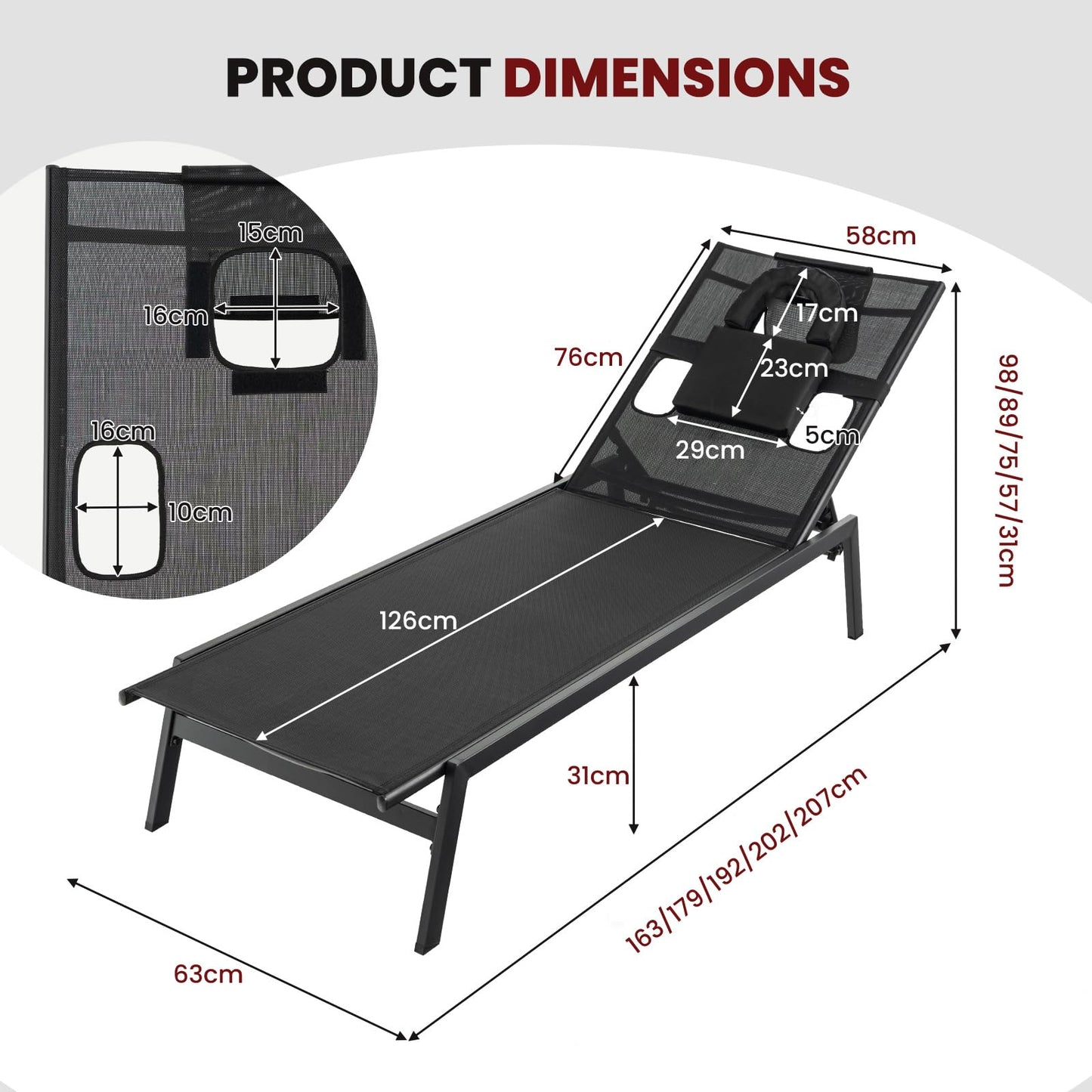 5 Positions Adjustable Chaise Lounge Deck Sunbed with Detachable Head Pillows