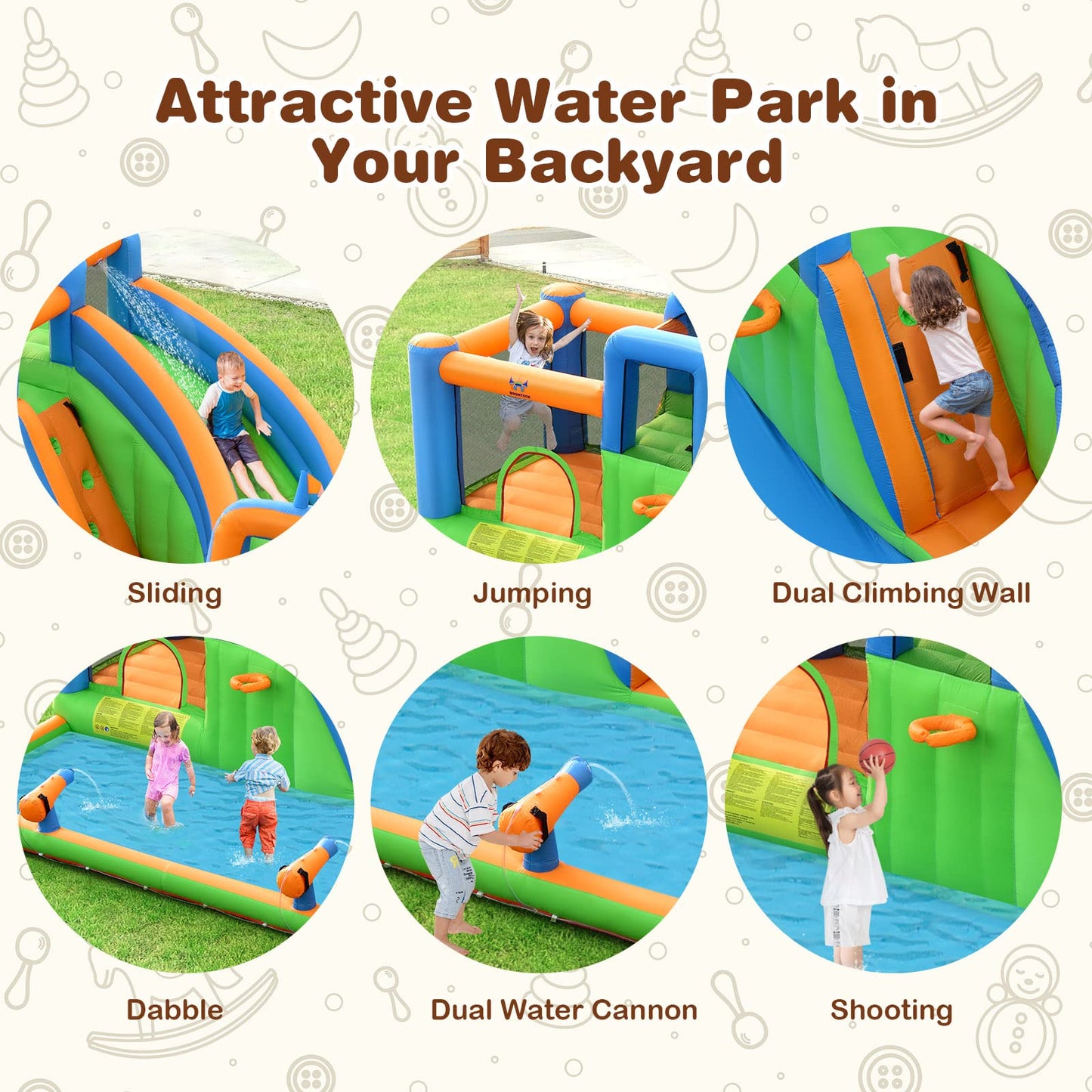6 in 1 Giant Water Park with Long Slide for Summer Outdoor Play
