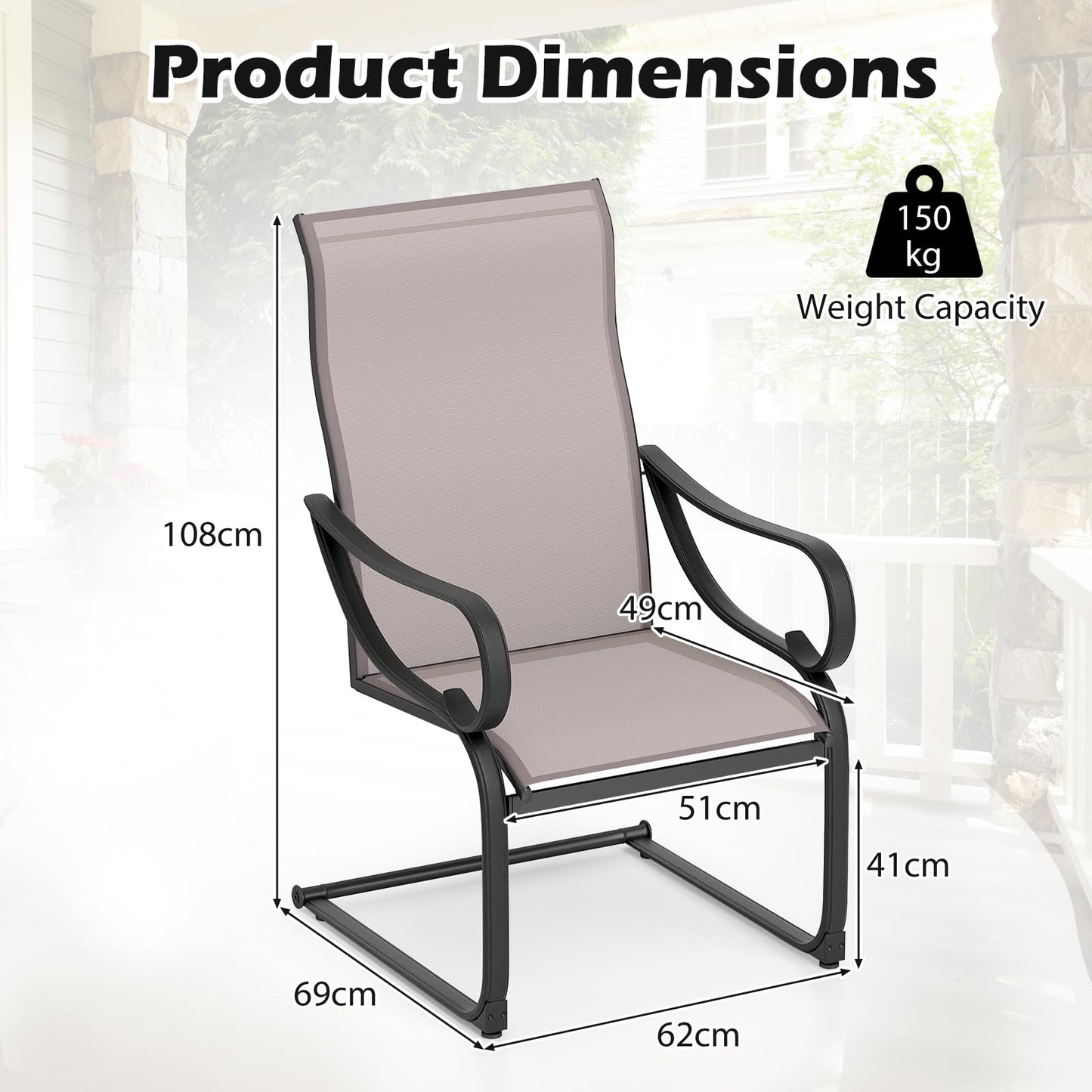 Outdoor C-Spring Garden Chairs Set of 2 with High Backrest