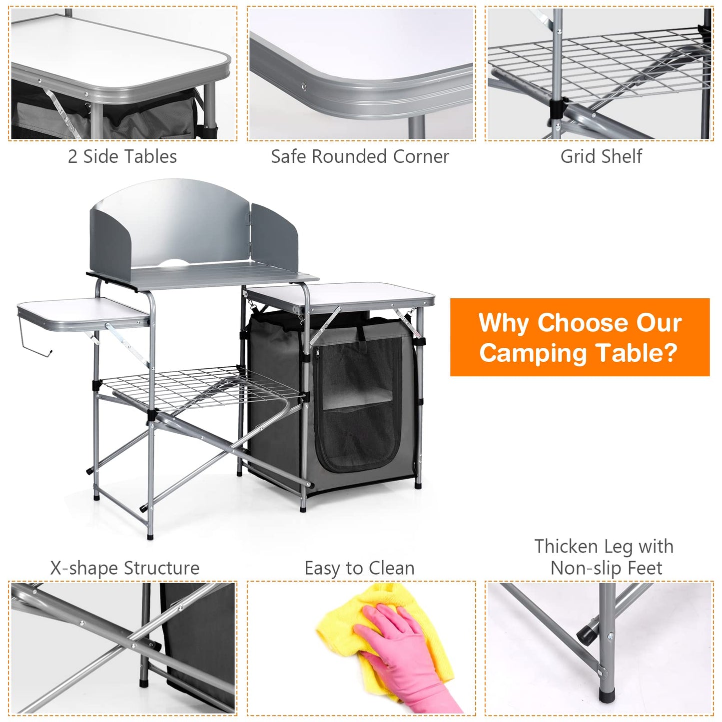 Outdoor Camping Table with Storage and Windscreen for BBQ