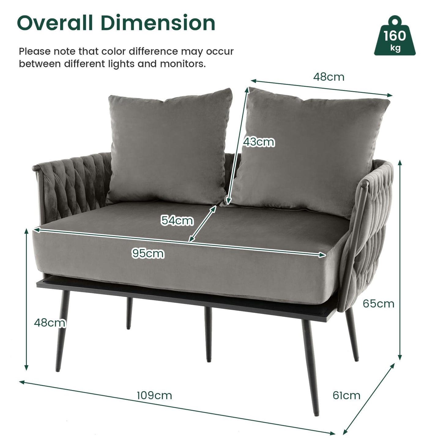 Giantex 2-Seater Sofa Velvet Upholstered Loveseat Sofa Couch with Woven Back & Arms