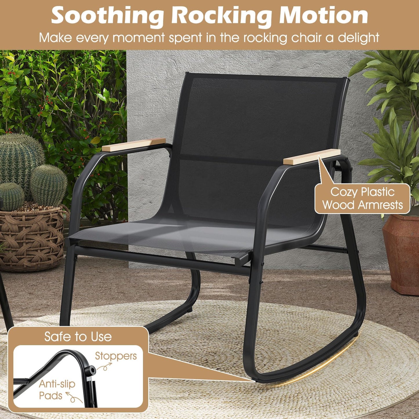 4-Piece Garden Metal Frame Patio Conversation Set with 2 Rocking Chairs