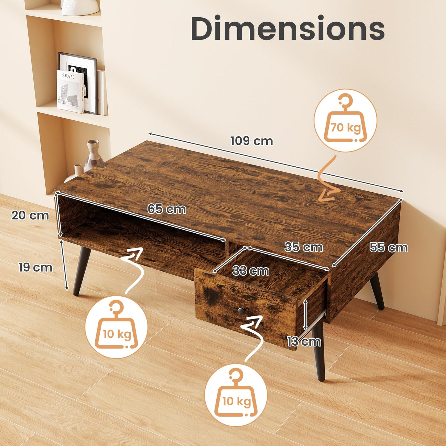 109cm Rectangular Wooden Coffee Table with Drawer and Storage Shelf