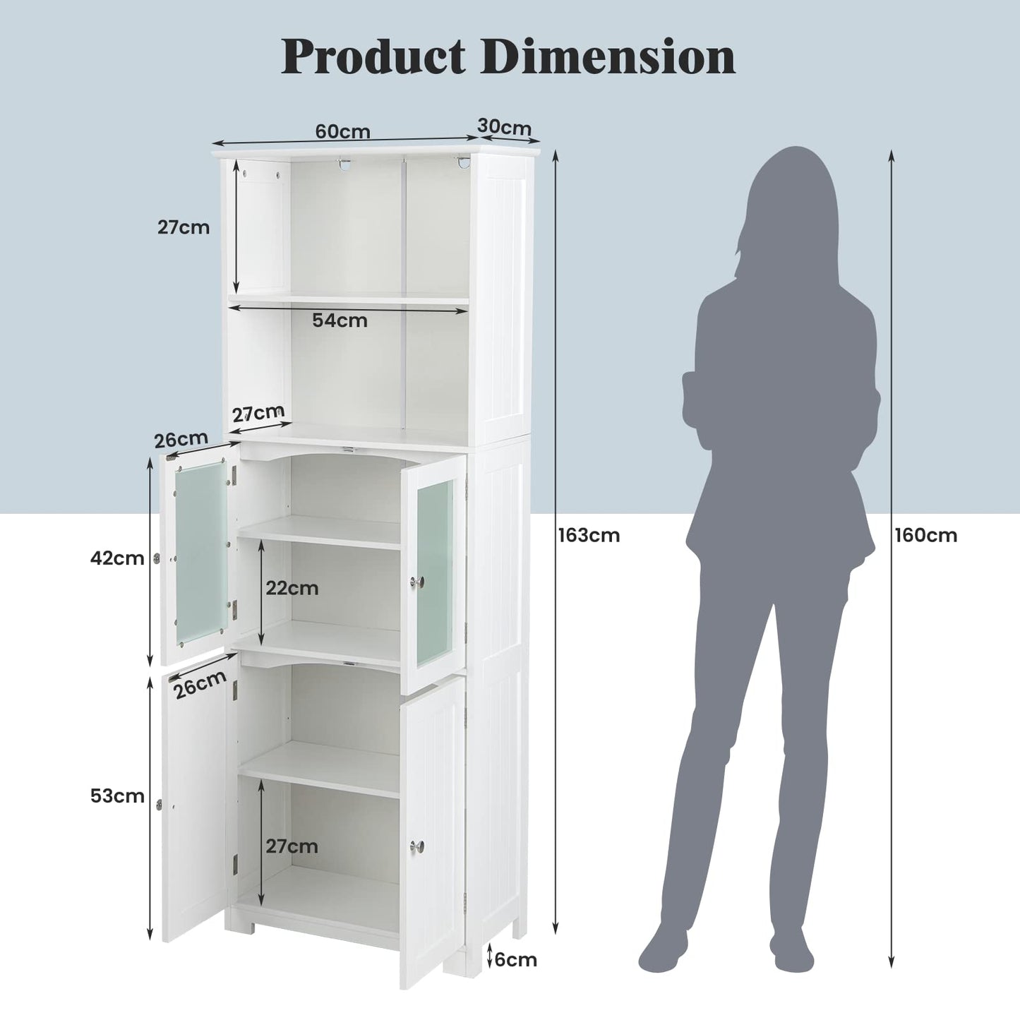 Freestanding Storage Cabinet with Tempered Glass Door and Open Shelves