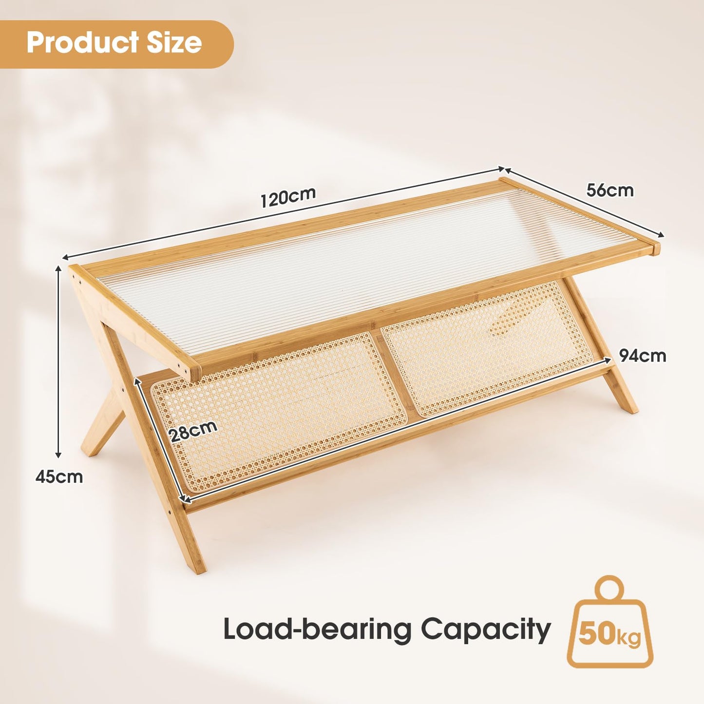 Tempered Glass Cocktail Tea Center Table with Rattan Magazine Storage Shelf
