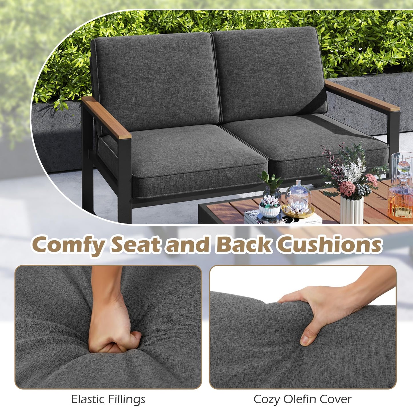 2-Seater Patio Aluminum Furniture Set with Coffee Table and Cushions