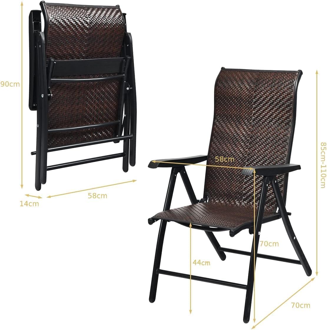 GiantexUK Set of 1/2 Reclining Folding Chairs, Patio PE Wicker Folding Chair with 5-Position Adjustable High Backrest