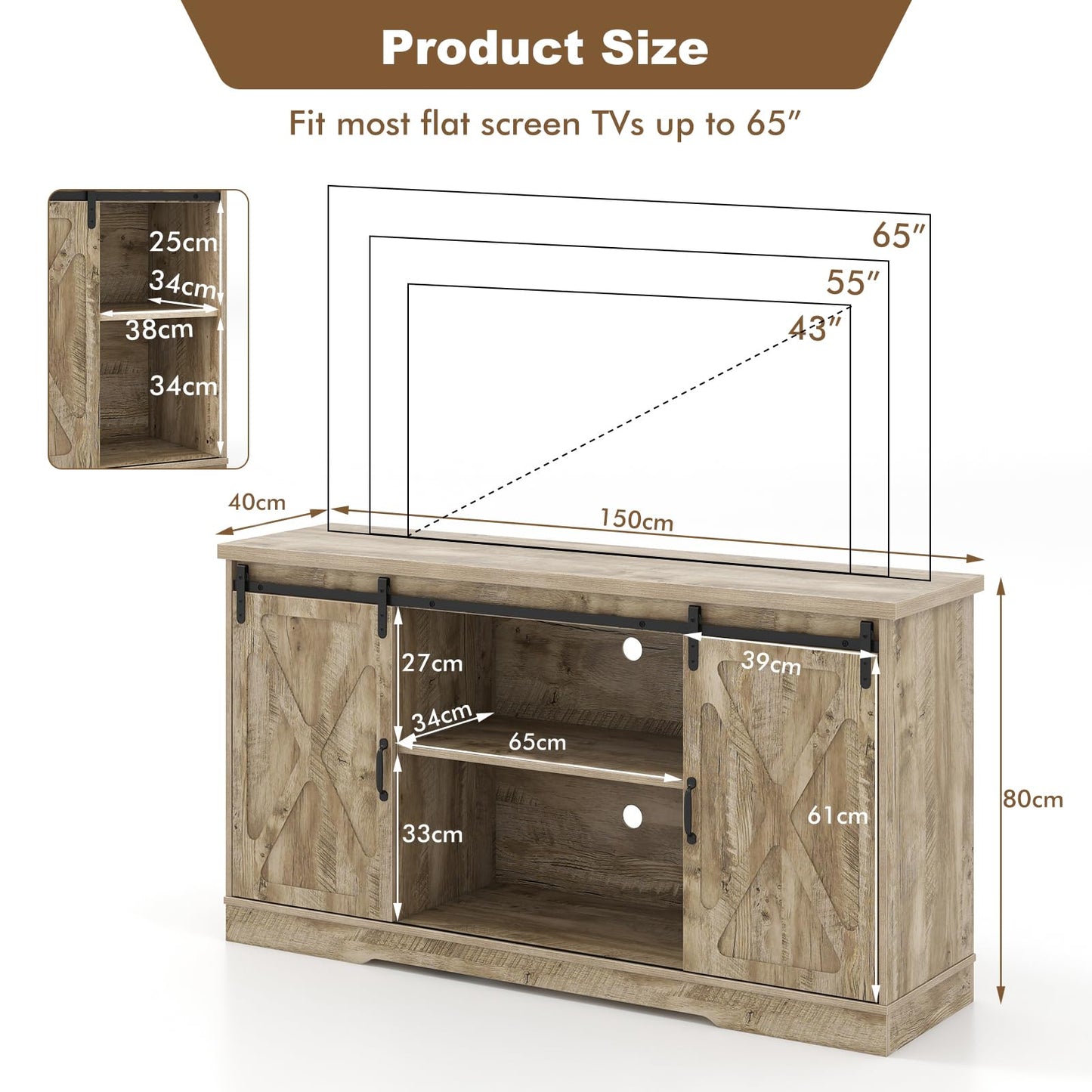 TV Stand with Adjustable Shelves for TVs up to 65 Inches