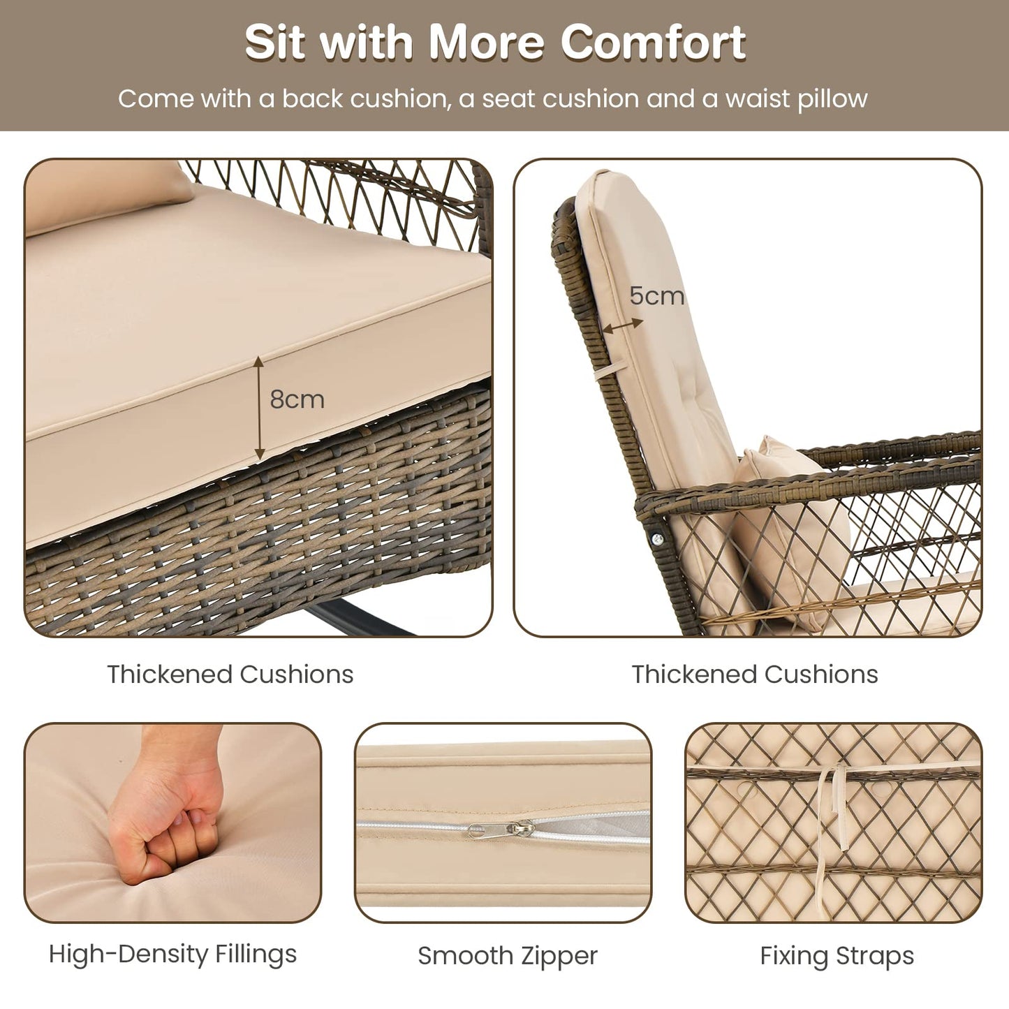 Outdoor Rocking Chairs and Table Set with Cushions and Pillows