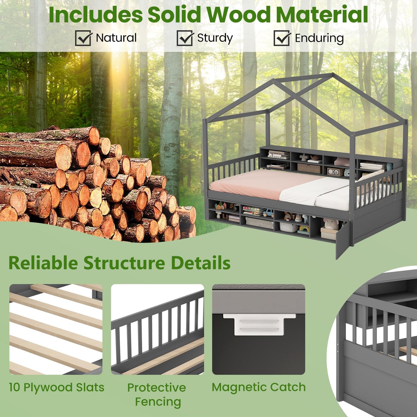 Wooden Single Size House Bed with Roof and 14 Storage Cubes