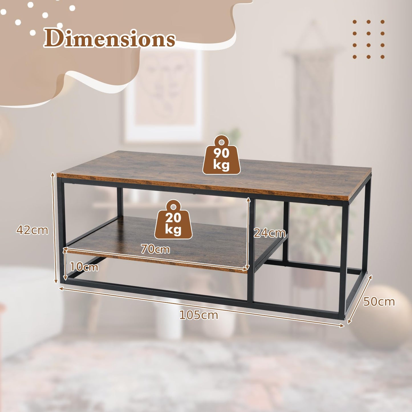 2-Tier 105 cm Industrial Wood Accent Coffee Center Table